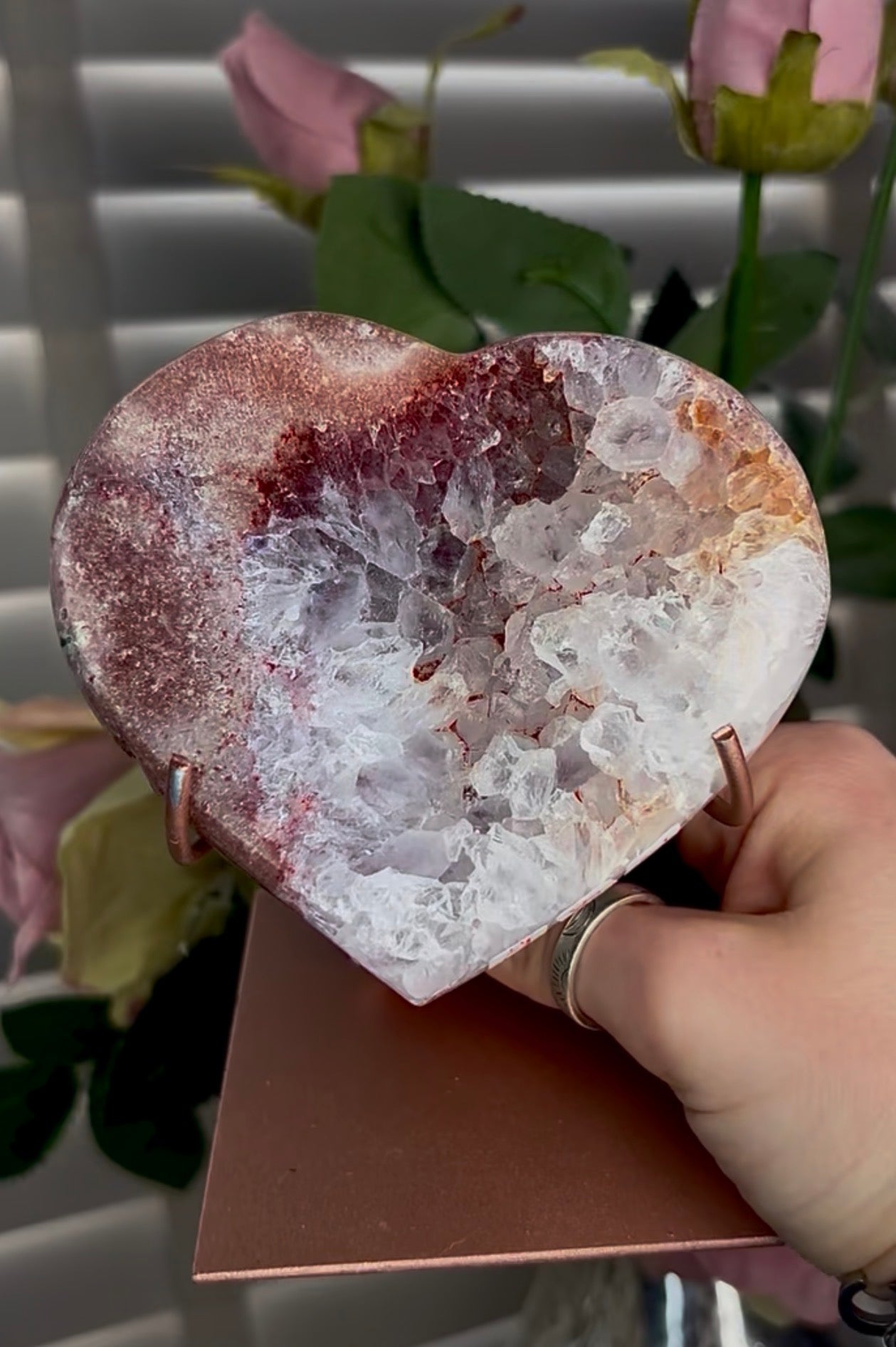 pink amethyst heart with quartz Druze- comes with stand
