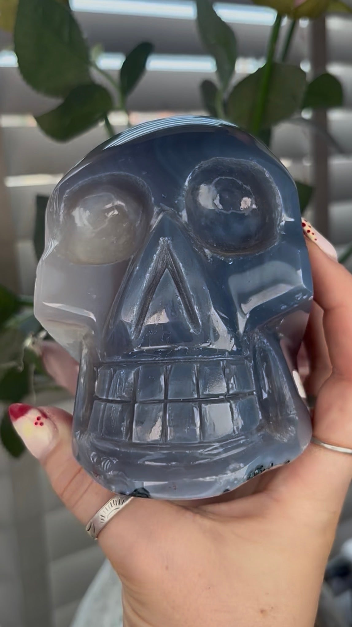 Beautiful, blue banded, amethyst agate, skull with incredible druzy