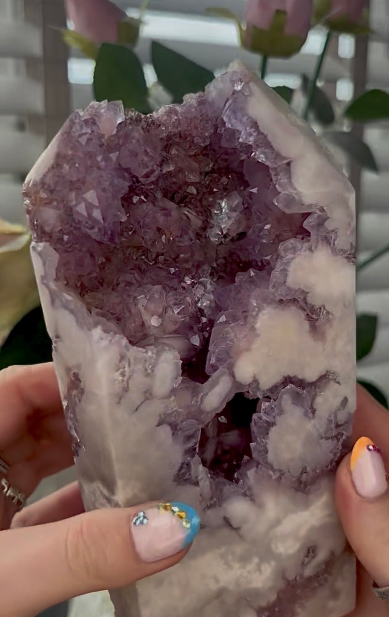 Huge, High quality, Pink amethyst tower, with purple quartz druzy