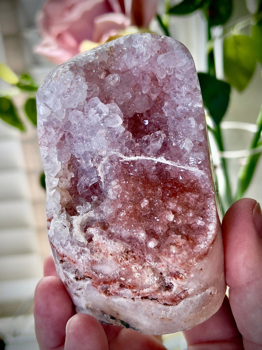 high grade, pink amethyst Freeform with high clarity quartz & red sugar druzy