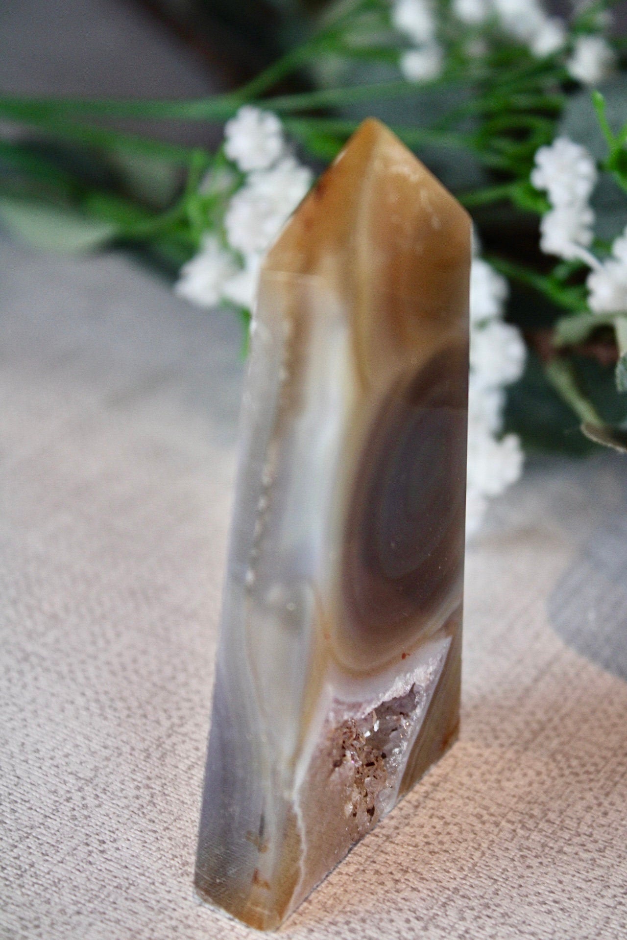 Natural agate tower slice with amethyst druzy