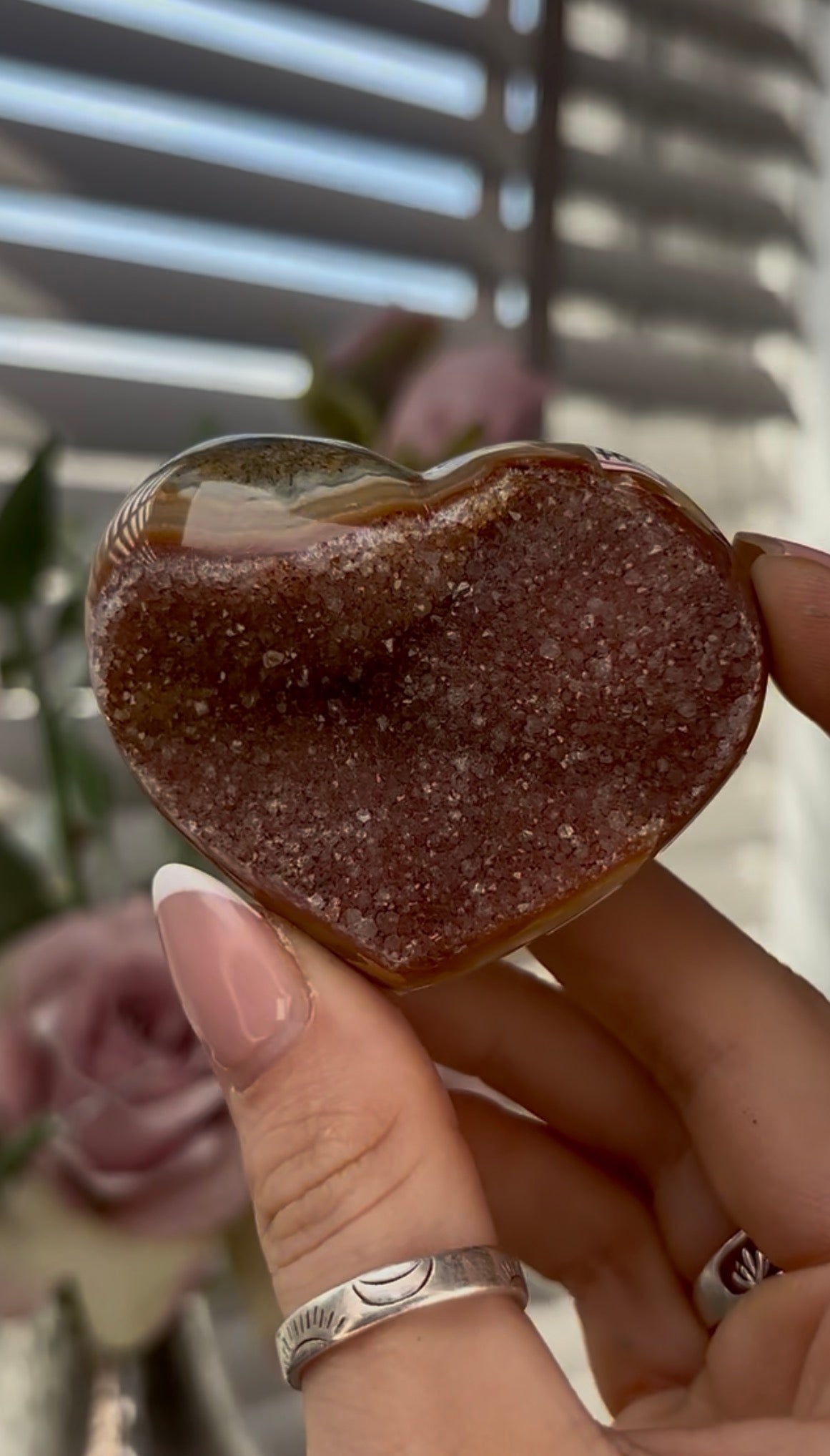 Uruguay, rainbow amethyst heart in rusty tone - comes with stand