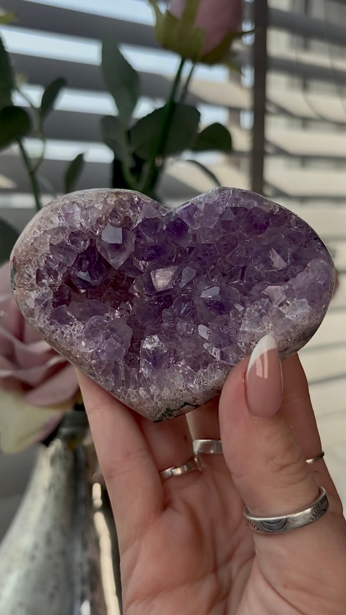 Gorgeous, high quality, pink amethyst heart with purple quartz - comes with stand