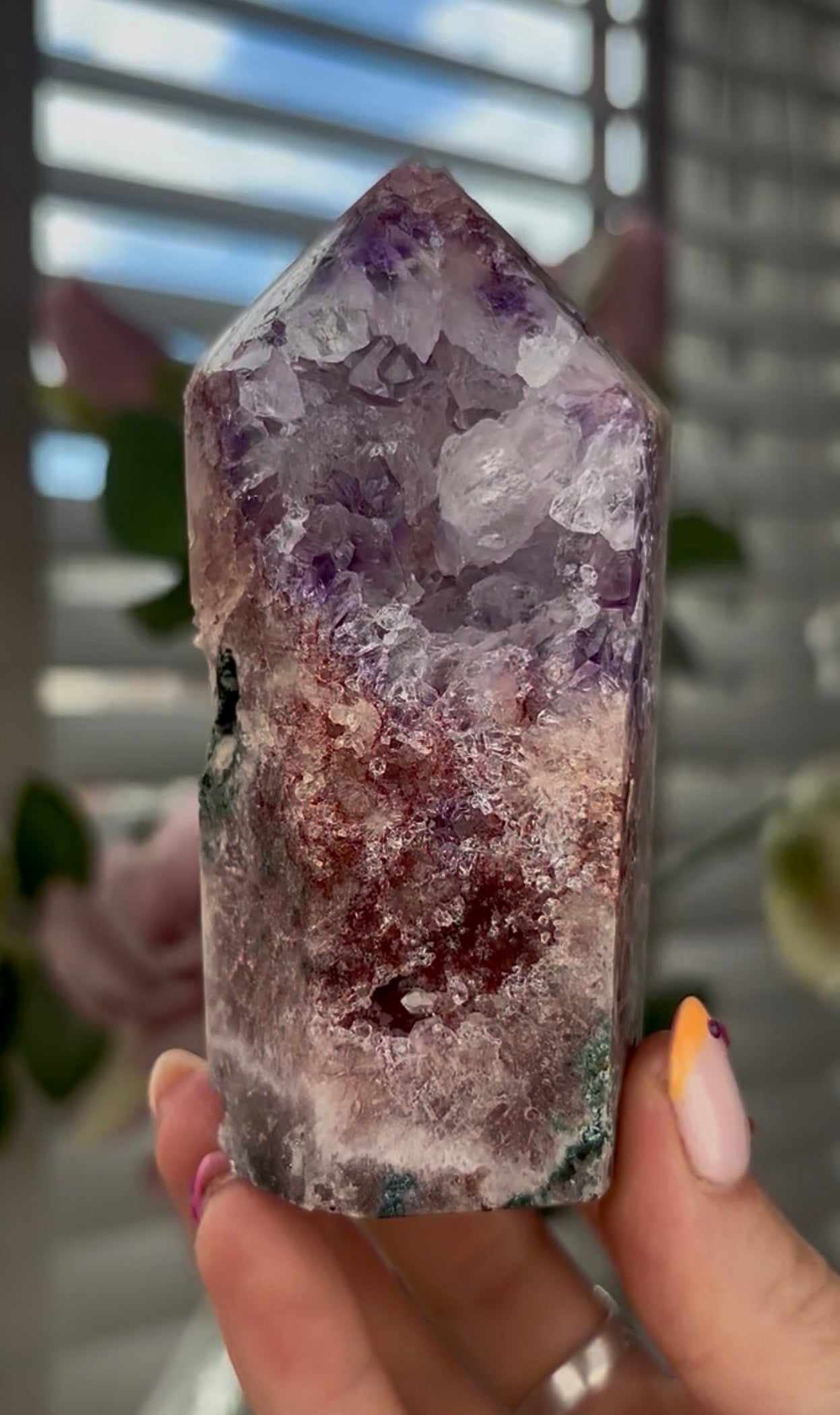 Beautiful, high quality, Pink amethyst tower with purple & quartz druzy with green jasper