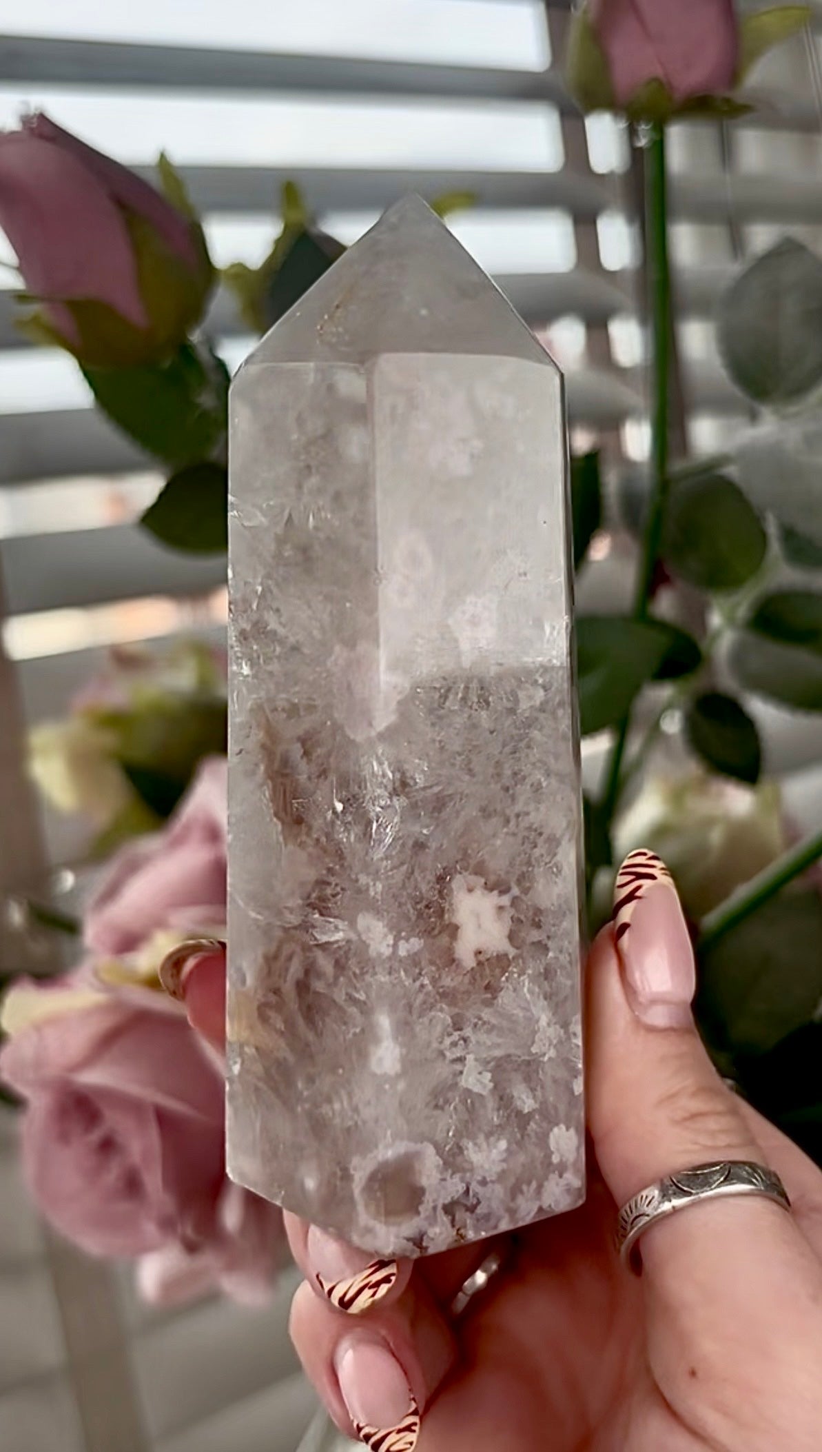 Stunning!! Super high quality, Druzy, green chlorite x blue flower agate tower