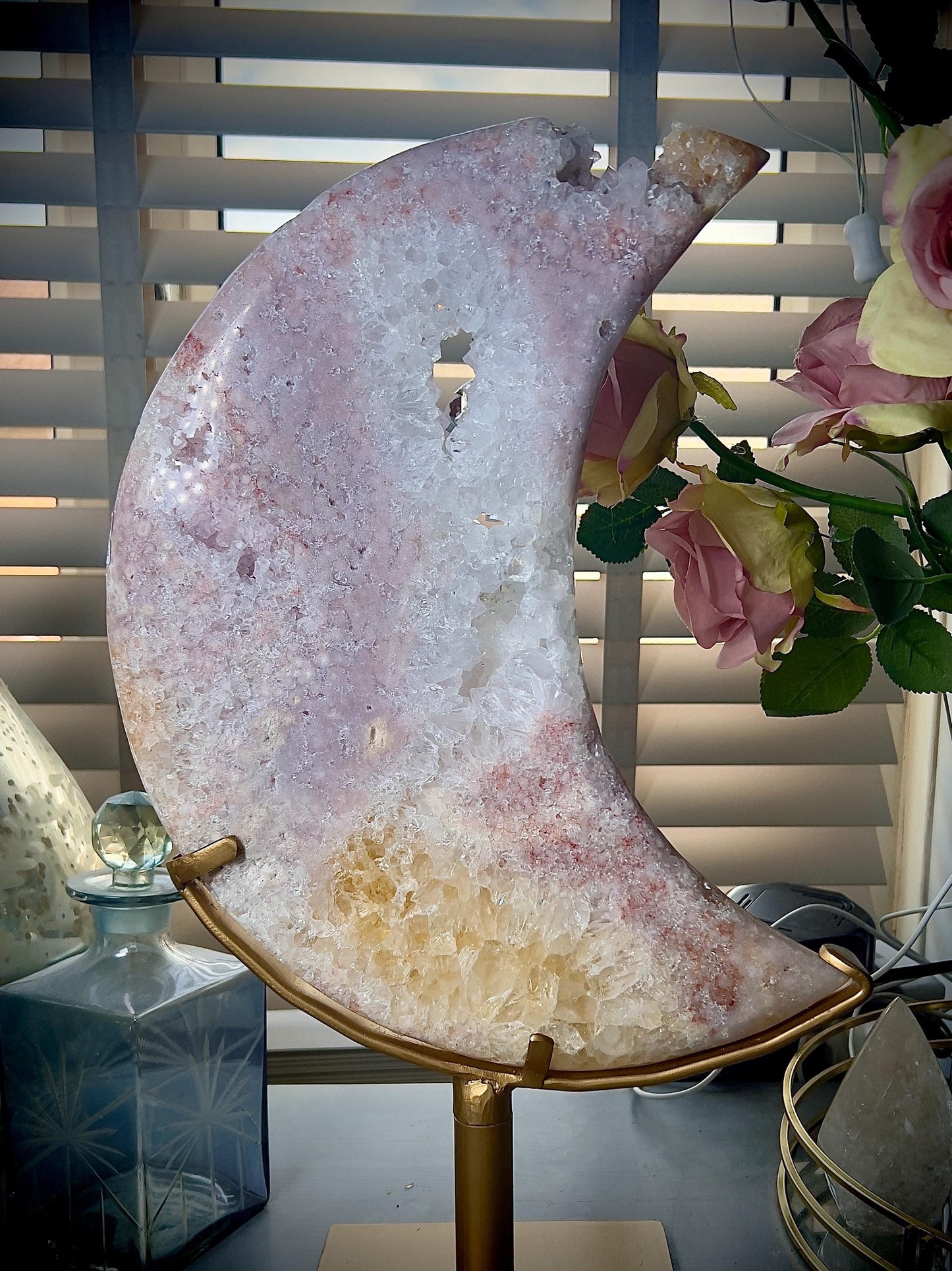 Incredible huge statement, high quality, Pink amethyst, moon with rainbow quartz & citrine inclusion, on spinning stand