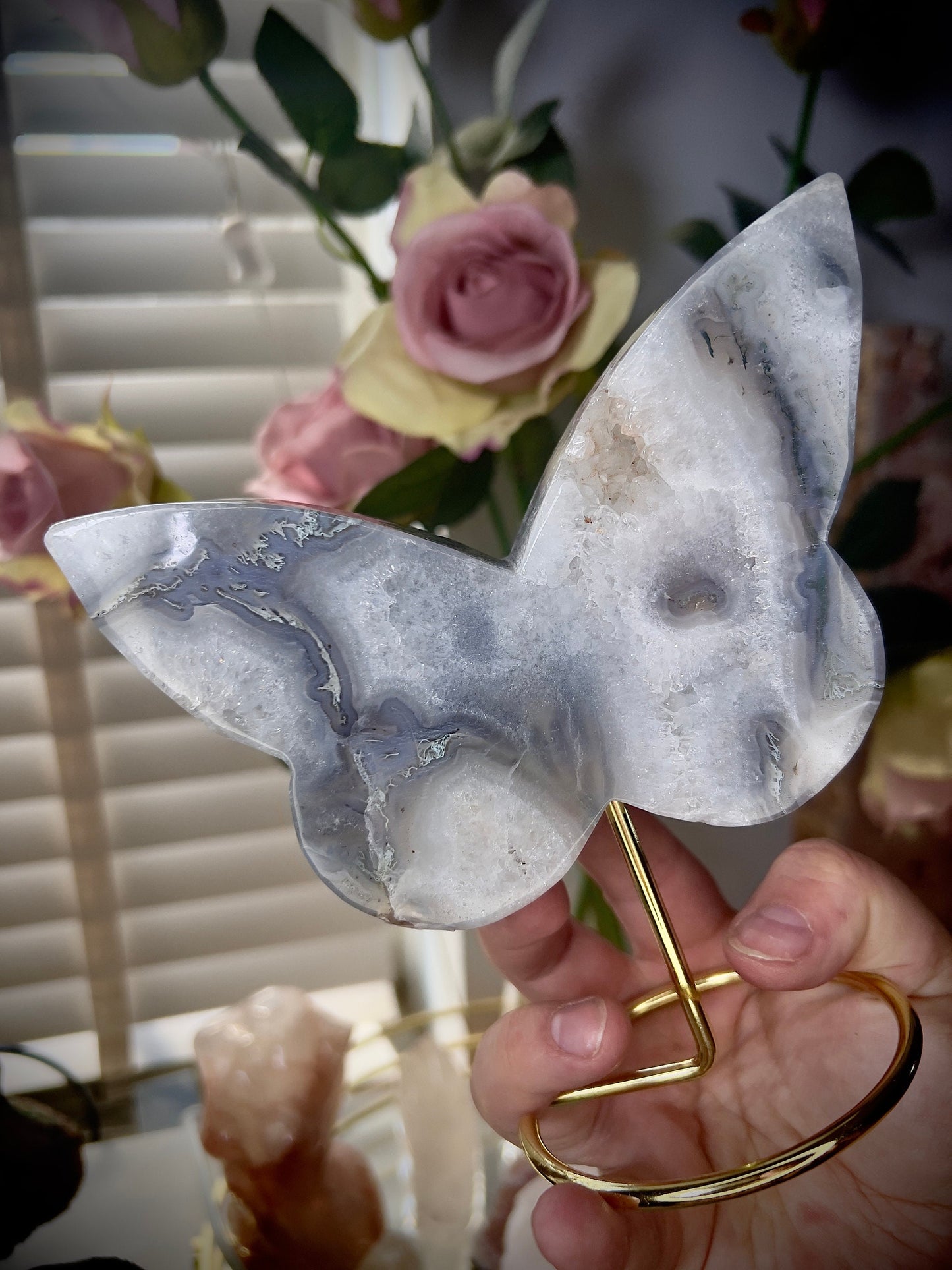 High grade, blue moss agate & quartz, butterfly with, gold pedestal stand