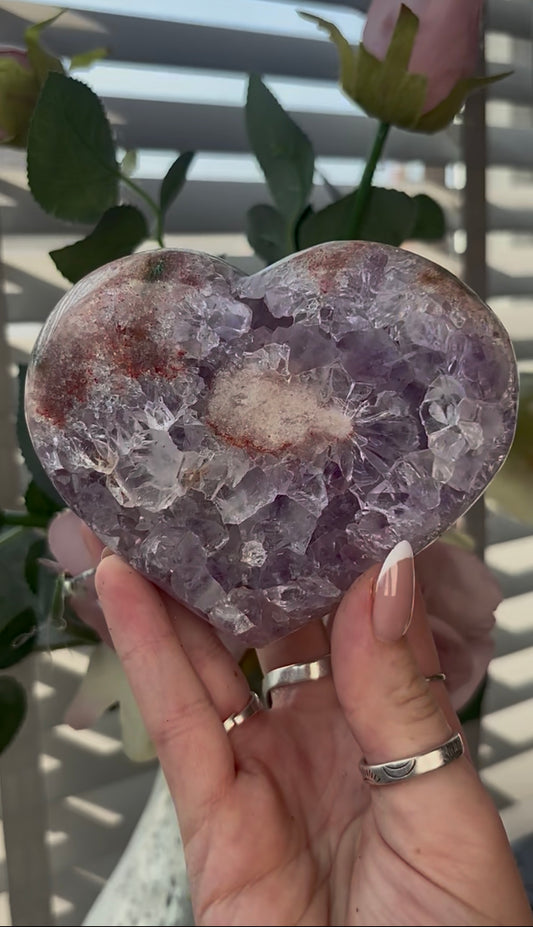 Gorgeous, high quality, pink amethyst heart with Jasper - comes with stand (