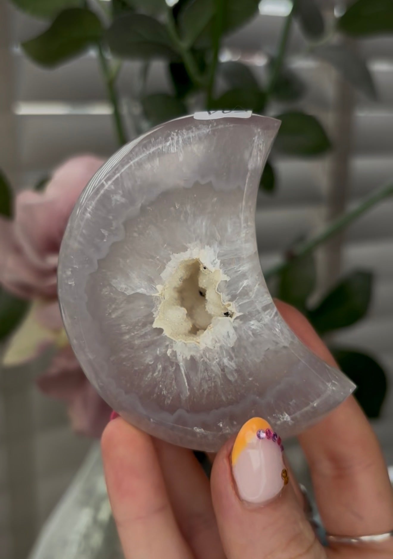 Beautiful, high grade, agate moon with druzy - comes with stand