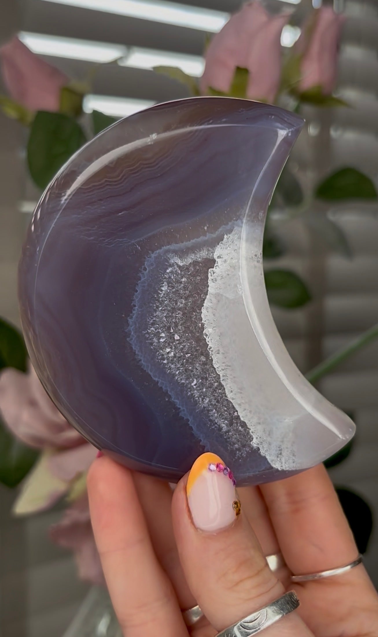 Beautiful, agate moon with druzy - comes with stand