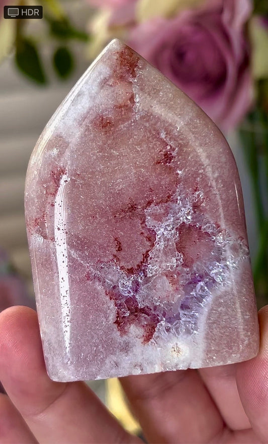 stunning, high grade, deep pink amethyst, flame with purple quartz and red hematite lining