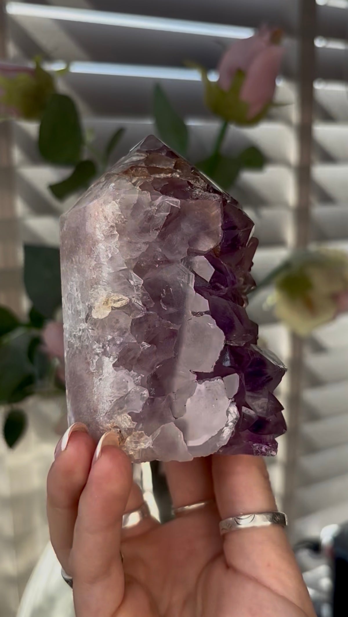 Beautiful, chunky Pink amethyst tower with purple quartz 9.5cm(h) by 6cm(w)