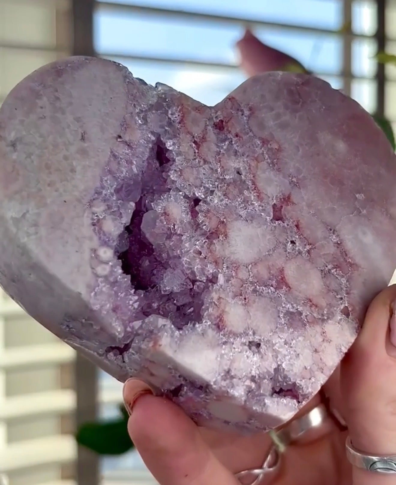 High quality pink amethyst heart with quartz - comes with stand