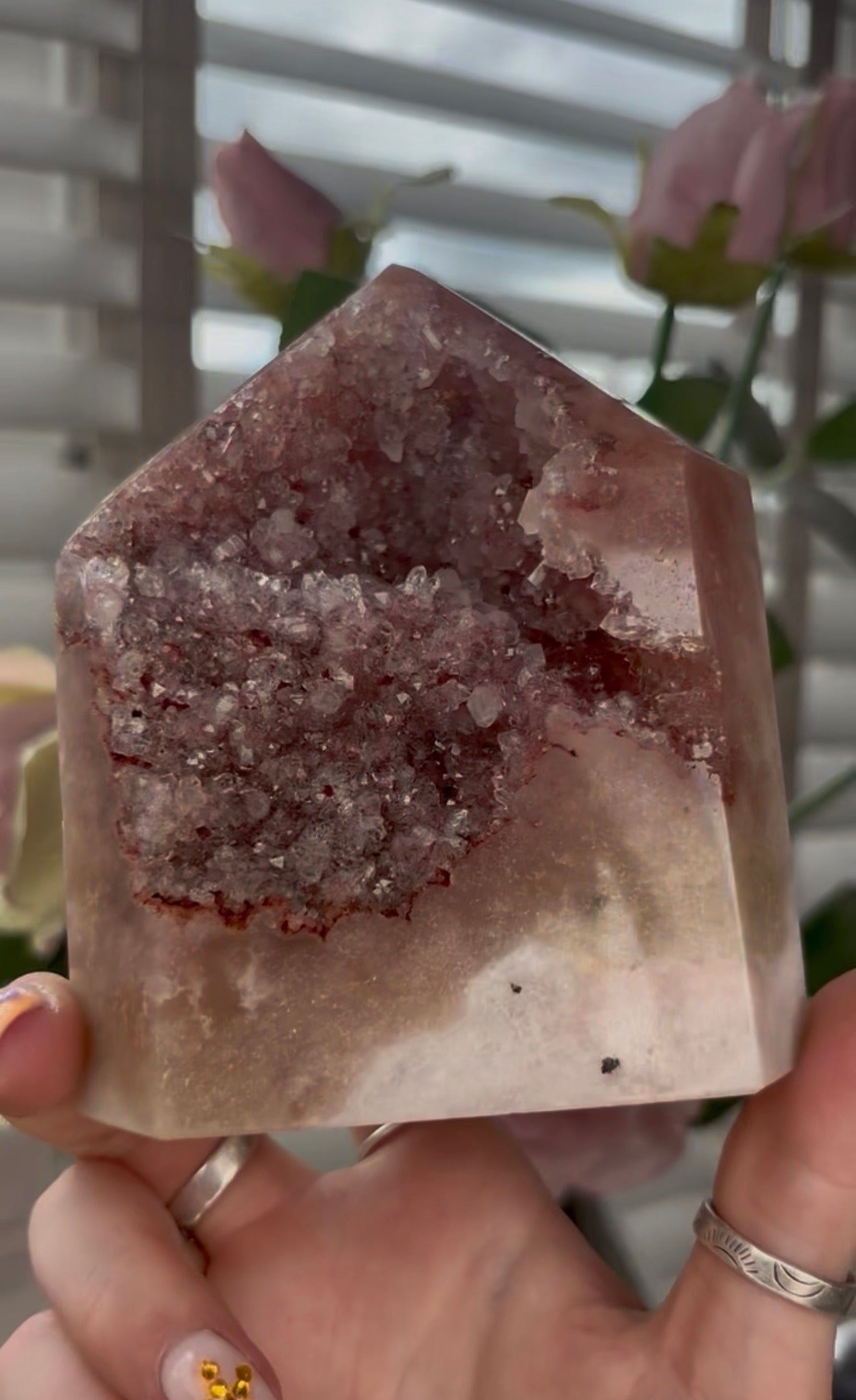 Pretty, high grade, Pink amethyst tower with gorgeous Druzy in burnt orange tones
