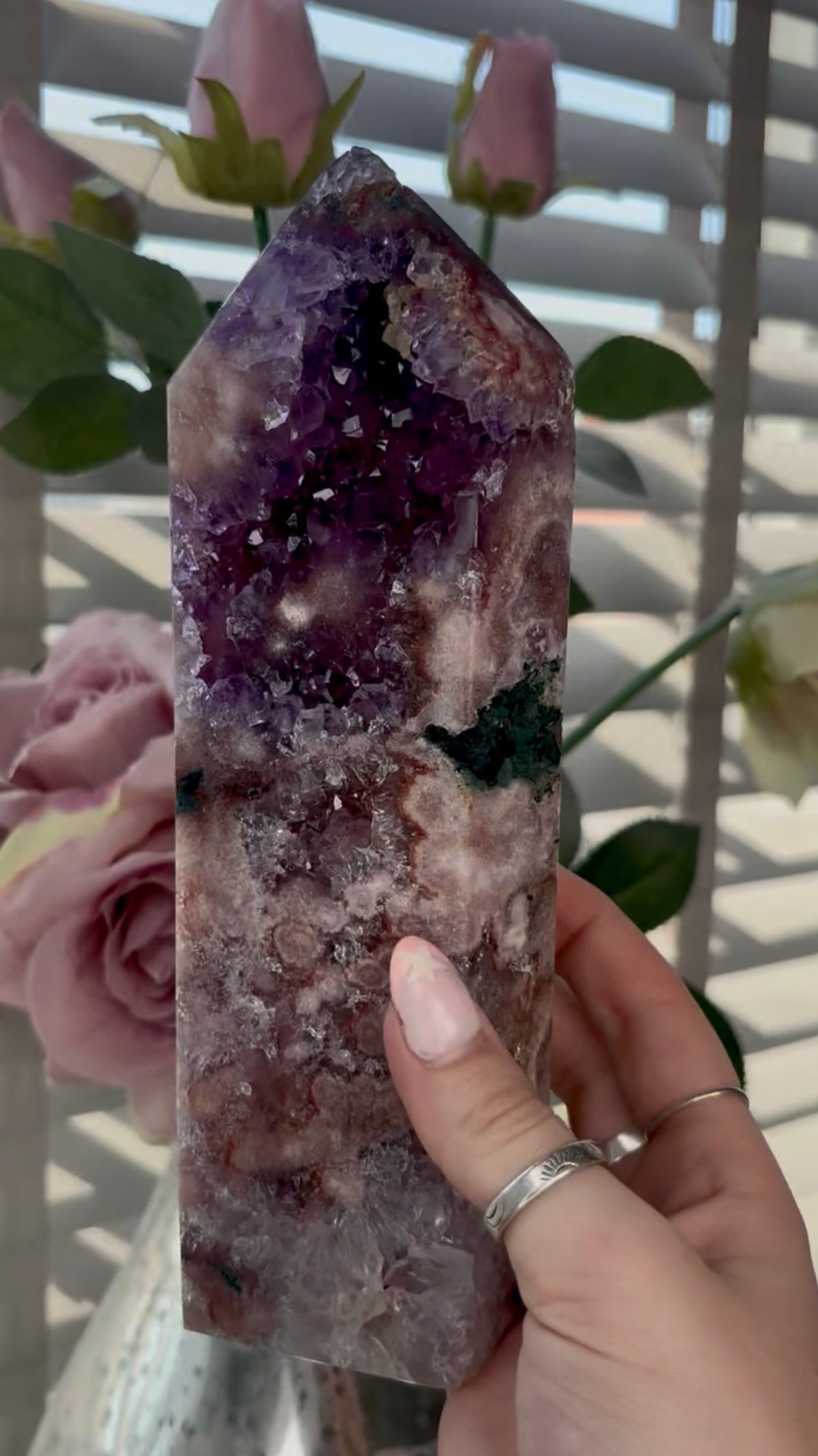 Beautiful, high quality, huge, Pink amethyst tower with purple quartz & Green jasper - 22cm