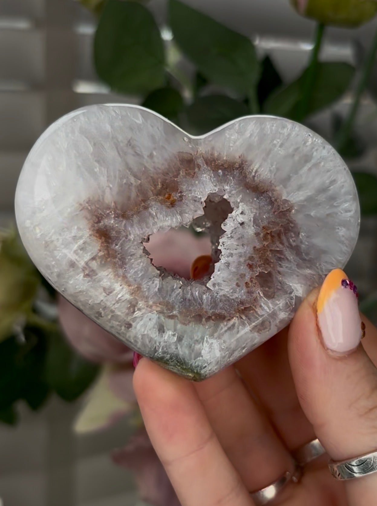 Beautiful, high grade, agate heart with druzy - comes with stand