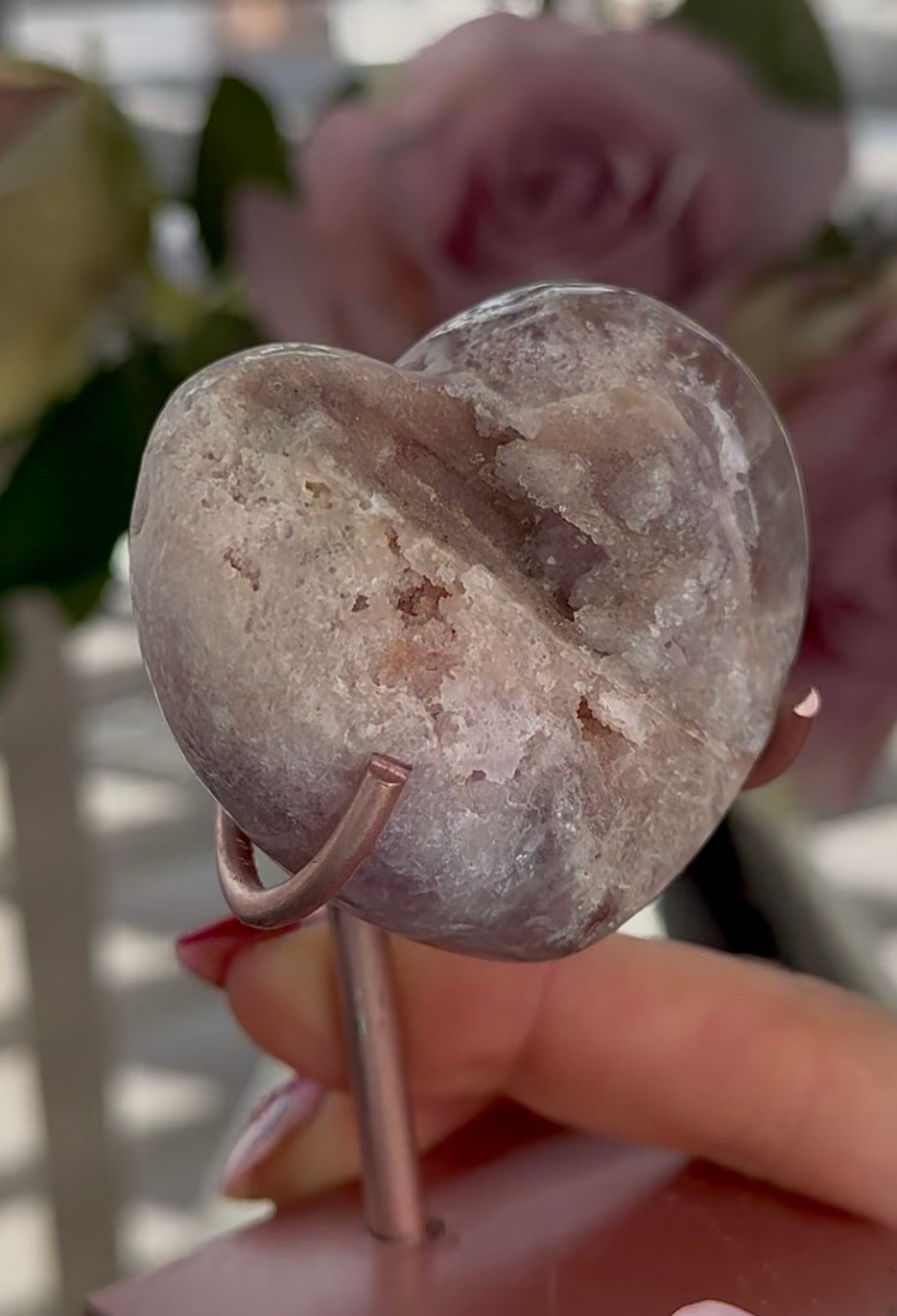 pink amethyst heart - comes with stand
