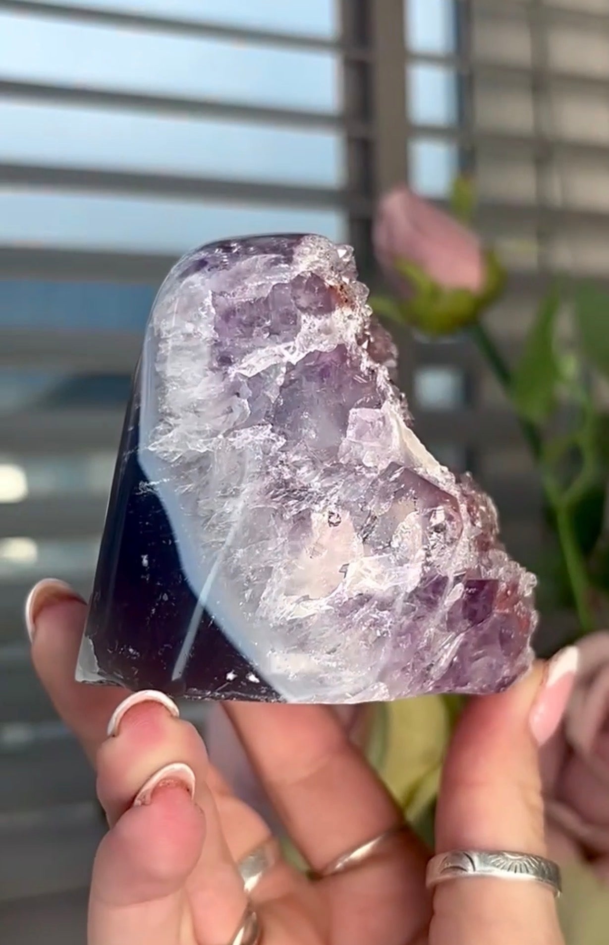 Light Pink rainbow amethyst on a purple & blue agate base