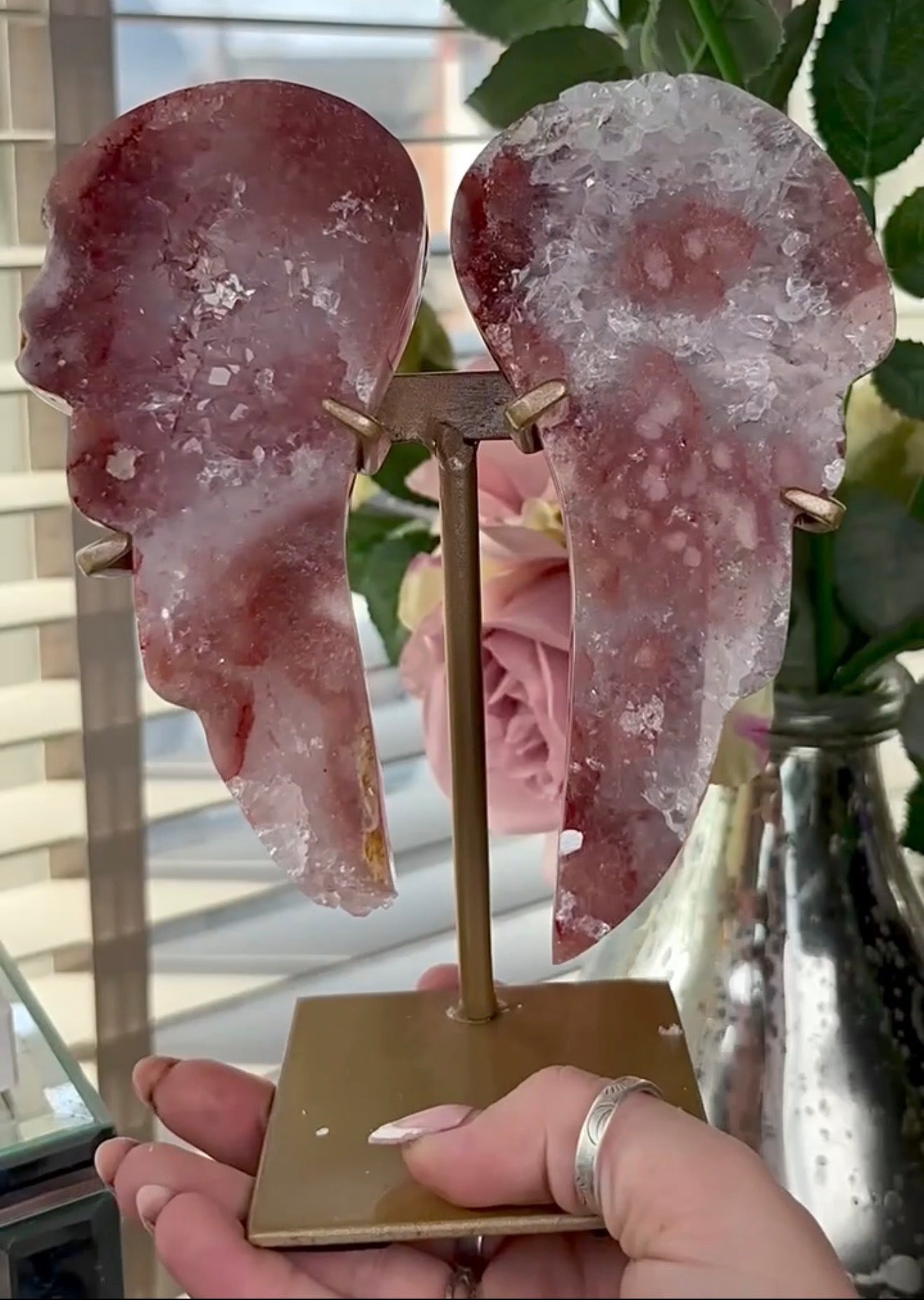 High quality, pink amethyst wings in reddish/deep pink tone - comes with stand