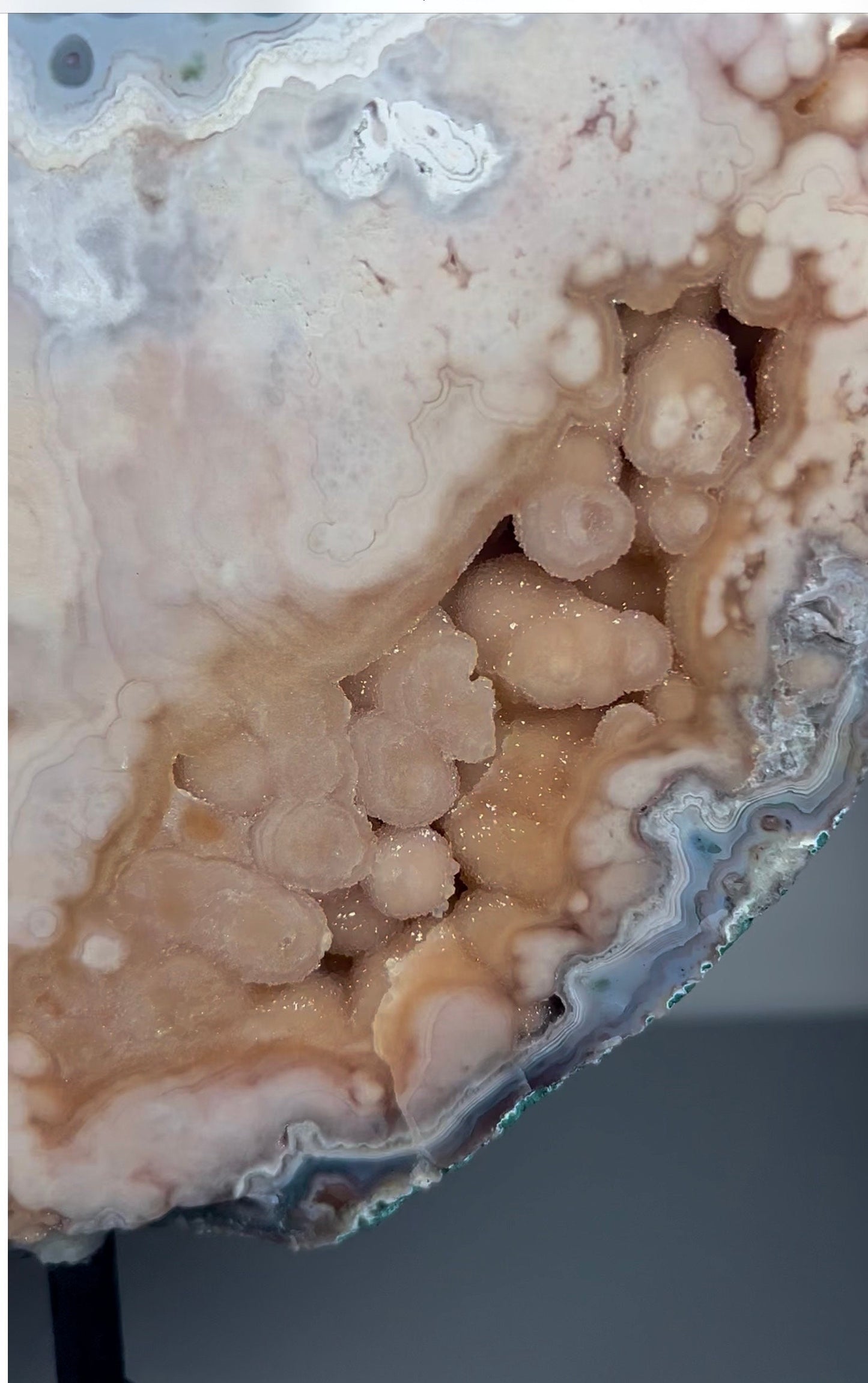 High grade, round pink amethyst slab with green jasper & bubble druzy