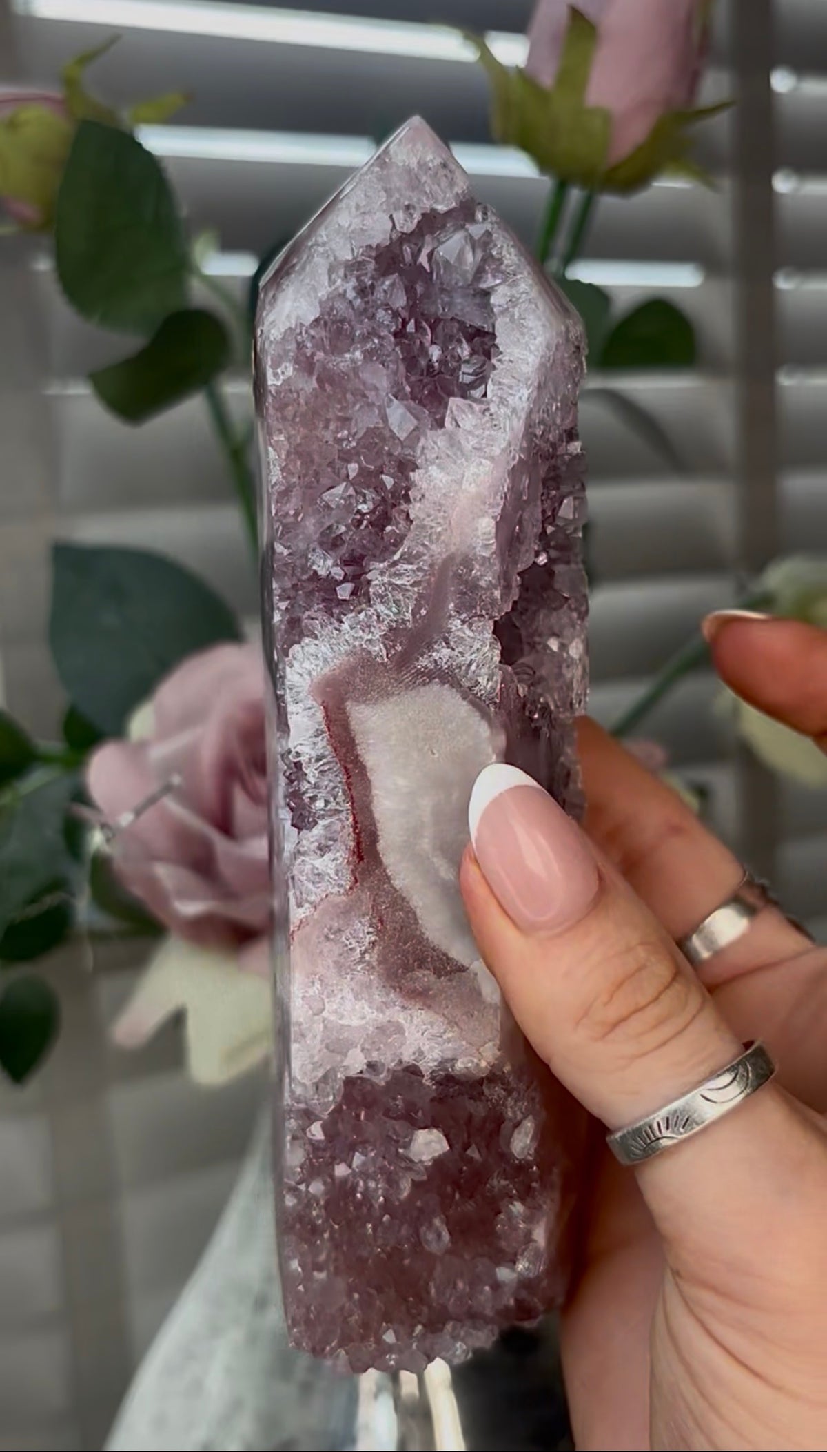 Beautiful, high quality, Pink amethyst tower with lilac quartz 18cm(h) by 4.5cm(w)