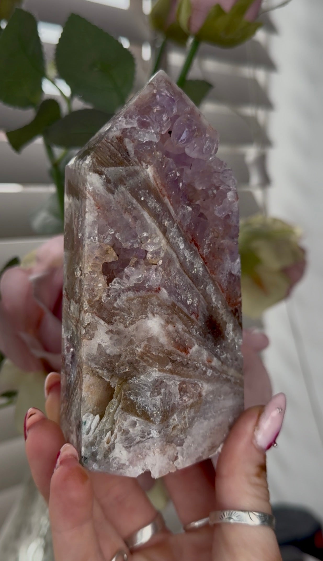 High quality Pink amethyst tower with agate, jasper & rutile 13cm(h) 7cm(w)