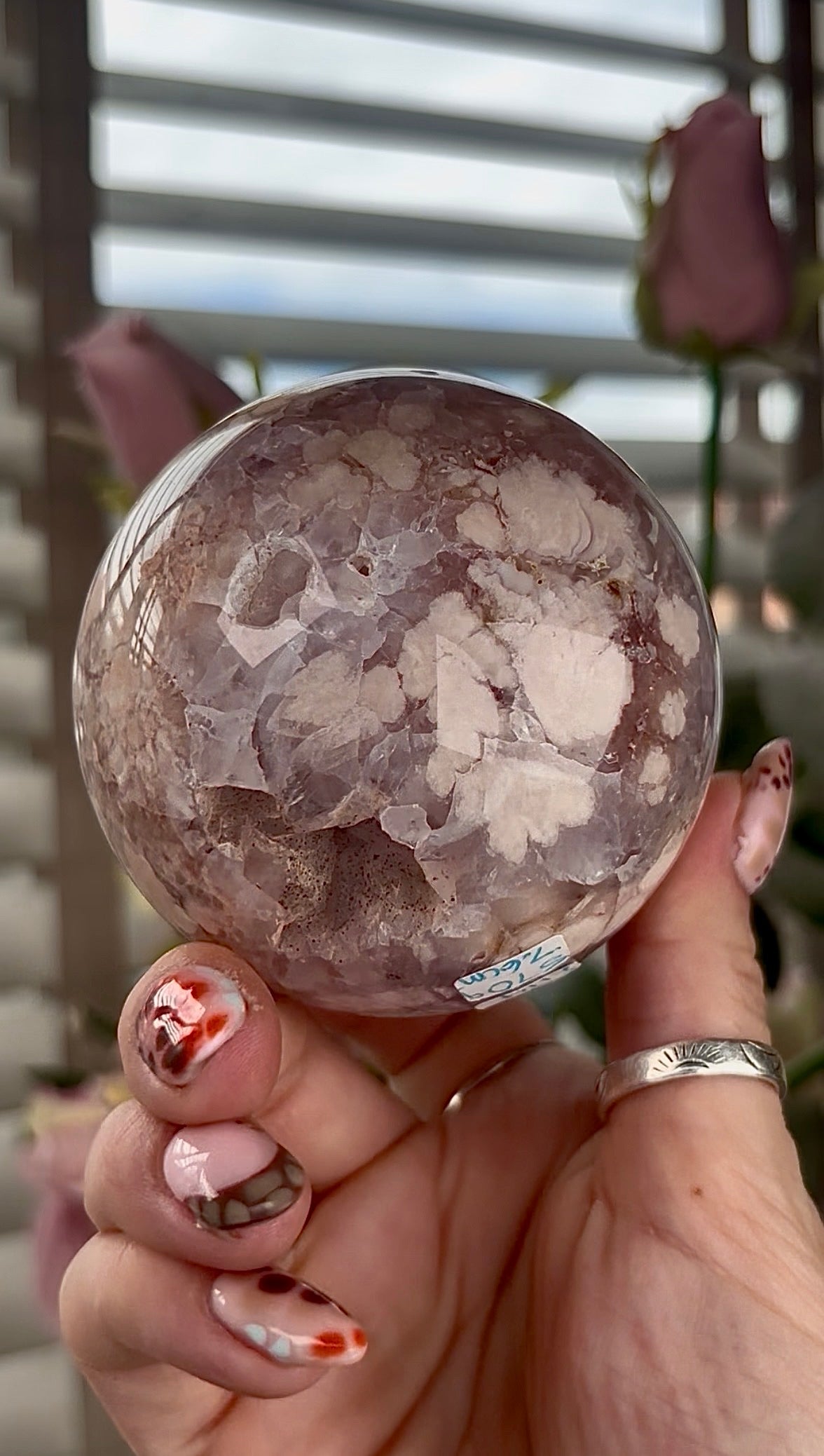 amethyst Flower agate sphere with high clarity quartz - 7.5cm