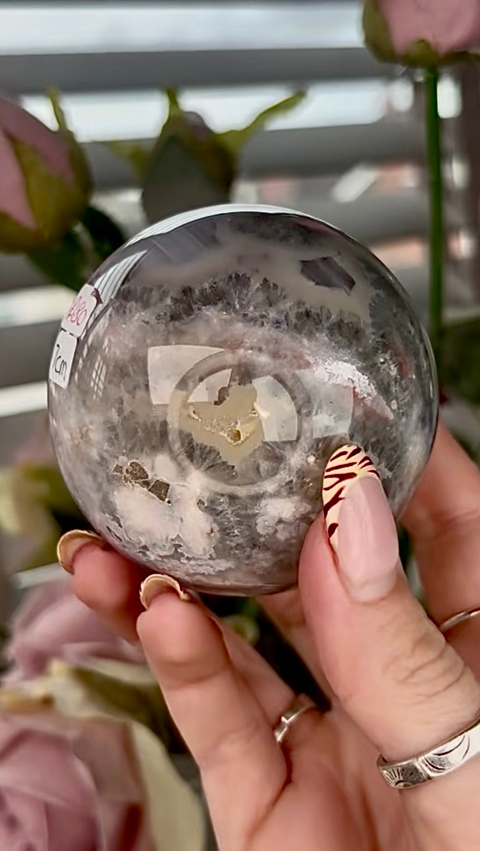 Stunning!! Super high quality, Druzy, green chlorite x blue flower agate sphere