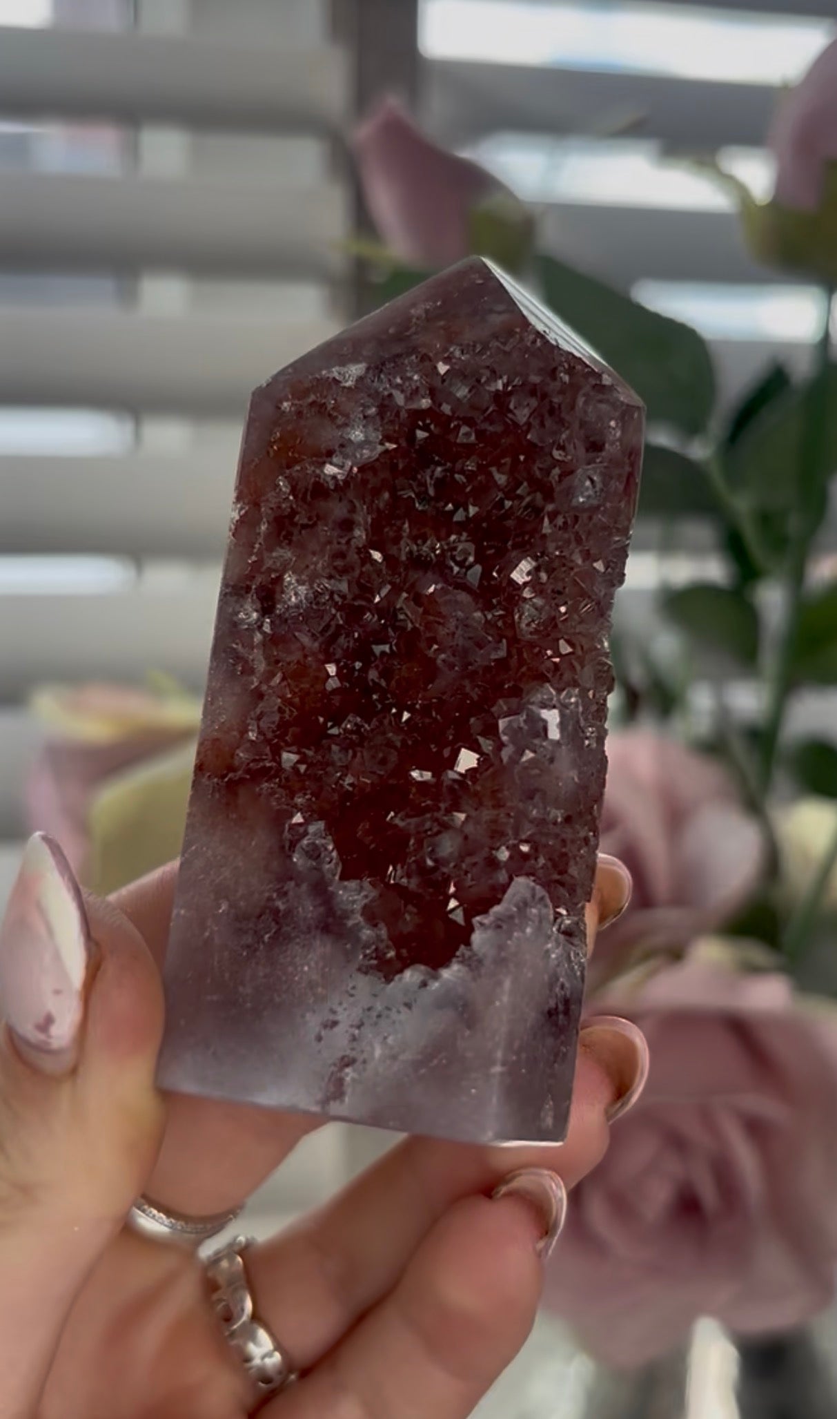 Beautiful, high quality, Pink amethyst tower in berry tones with sugar druzy