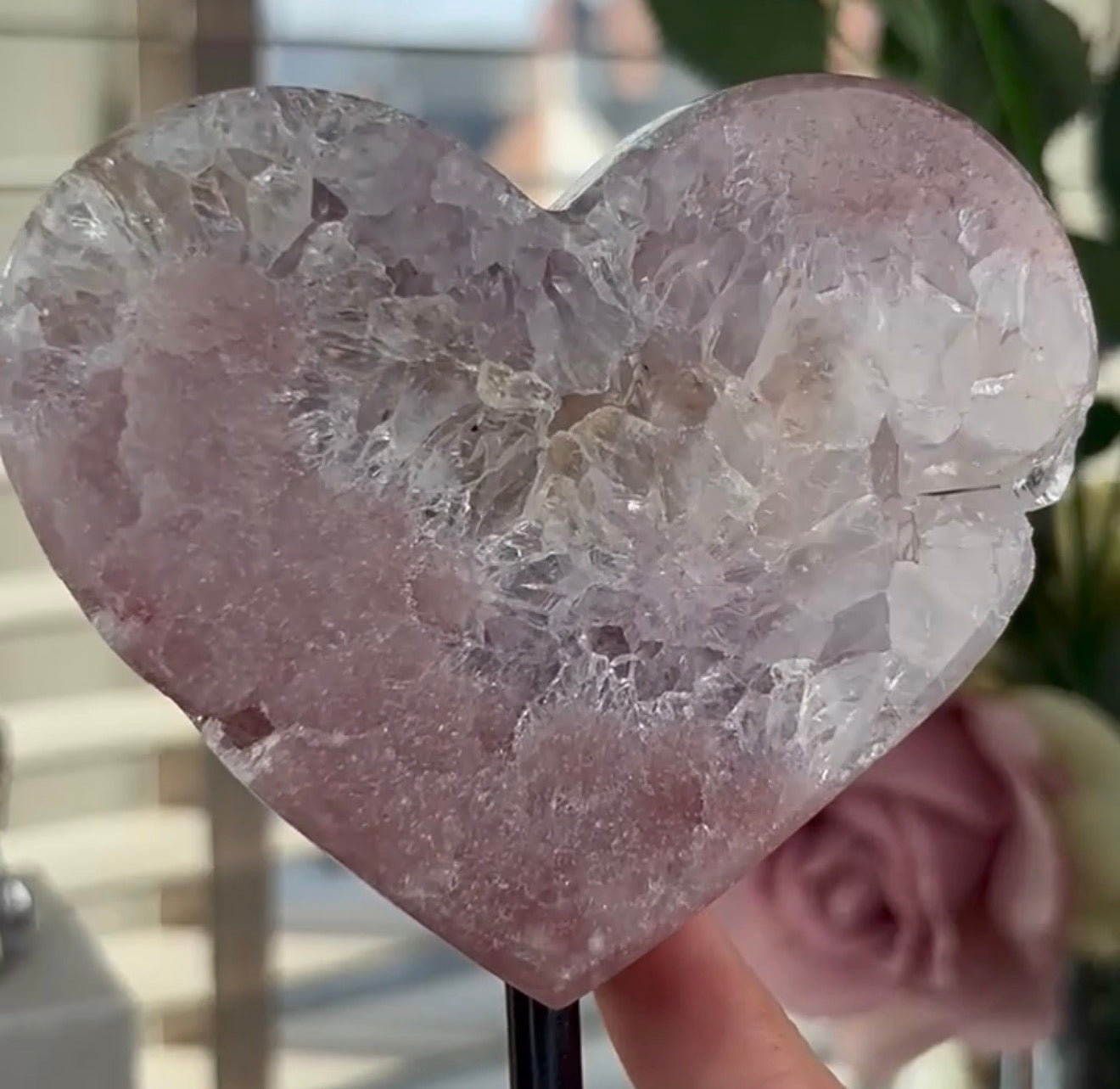 High quality pink amethyst heart with quartz - comes with stand