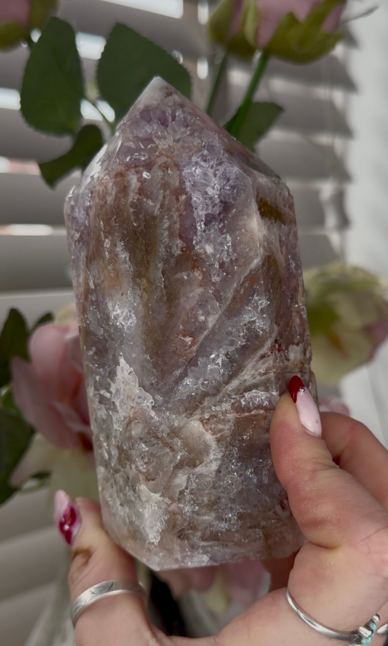 High quality Pink amethyst tower with agate, jasper & rutile 13cm(h) 7cm(w)