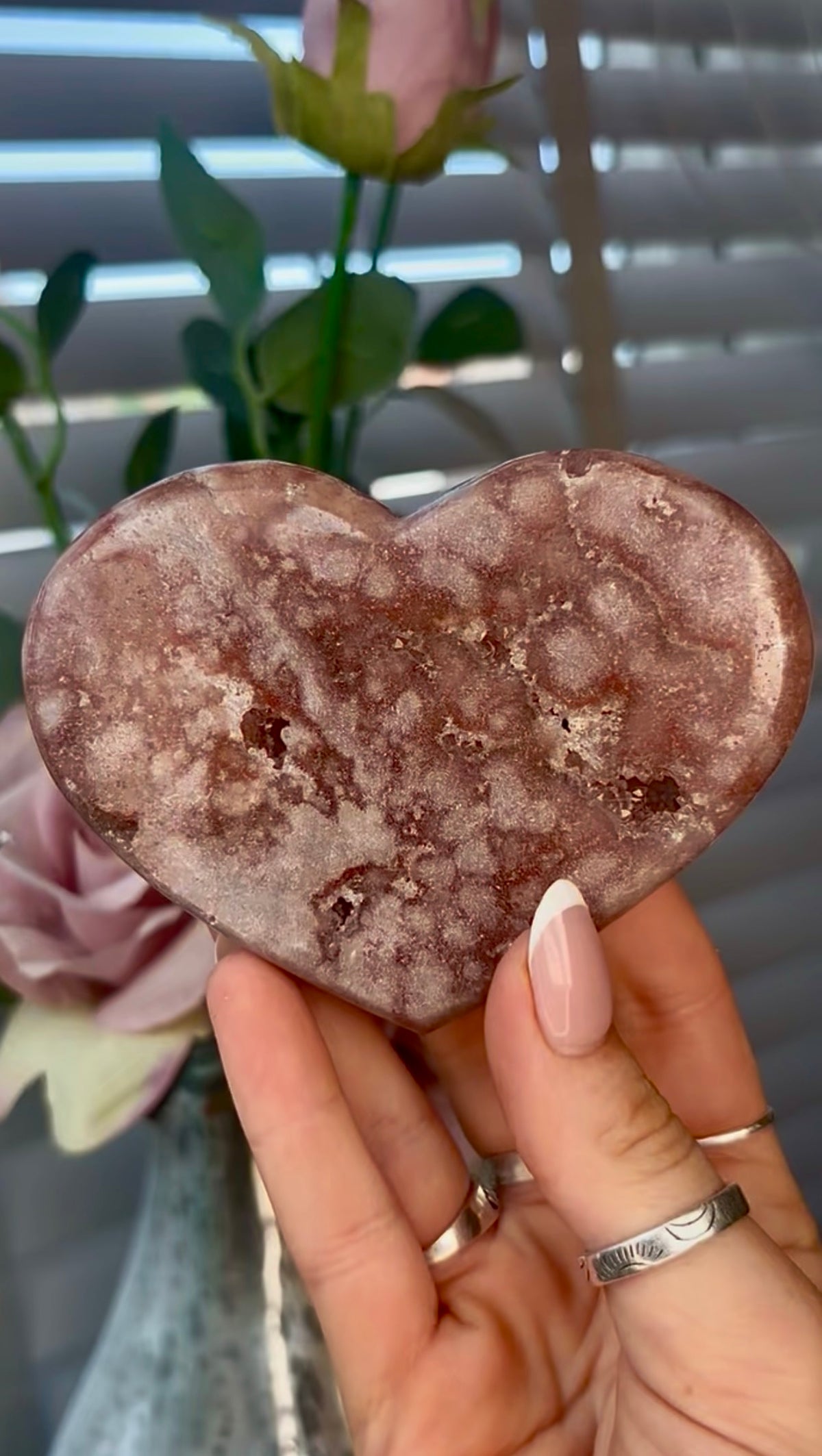 Gorgeous, pink amethyst heart- comes with stand