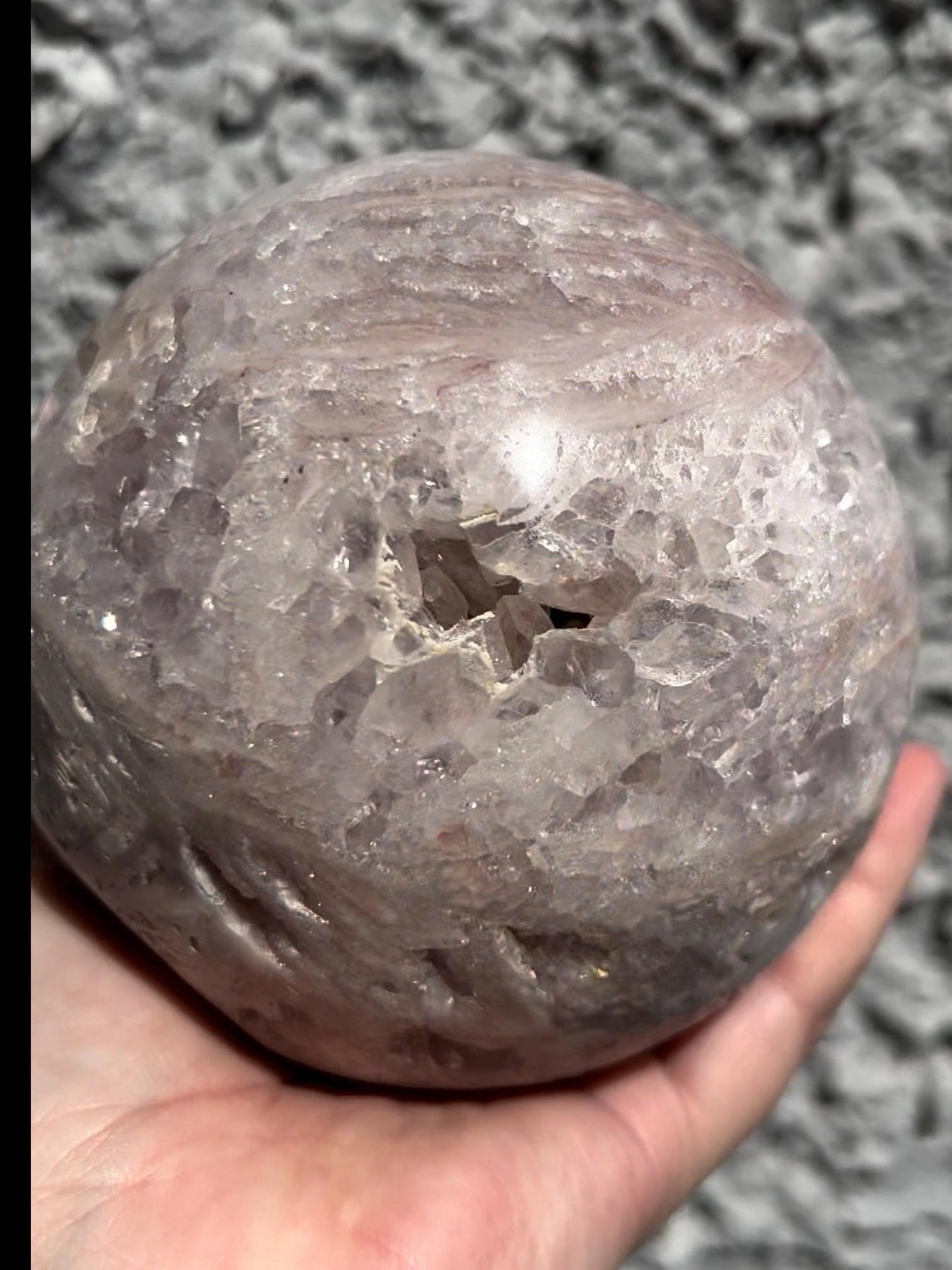 large, statement pink amethyst sphere with rutile formations in lilac tones over 1kg