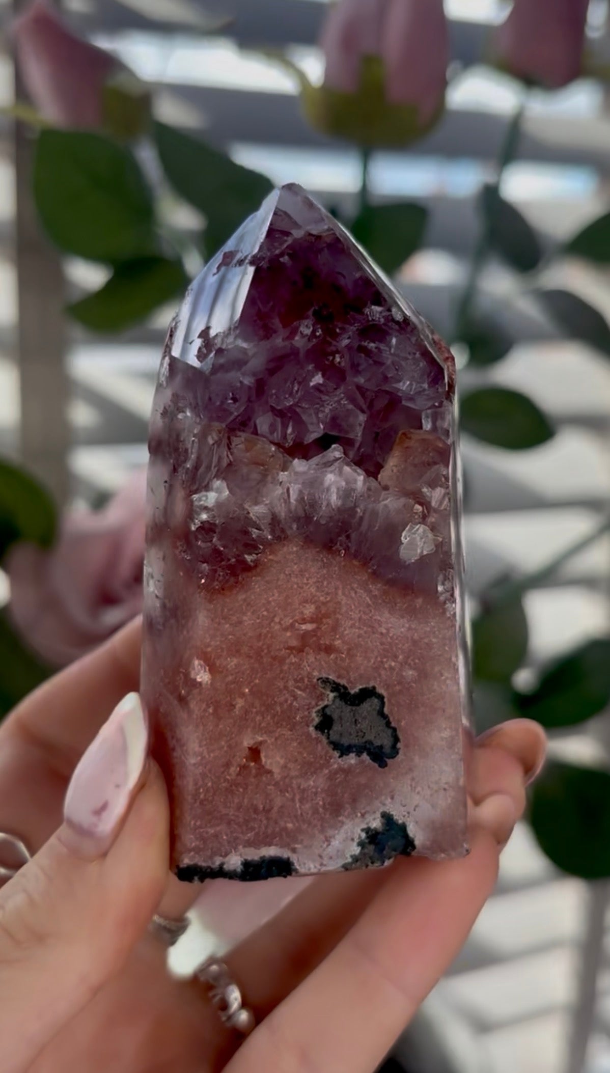 Beautiful, high quality, Pink amethyst tower with purple quartz & green jasper