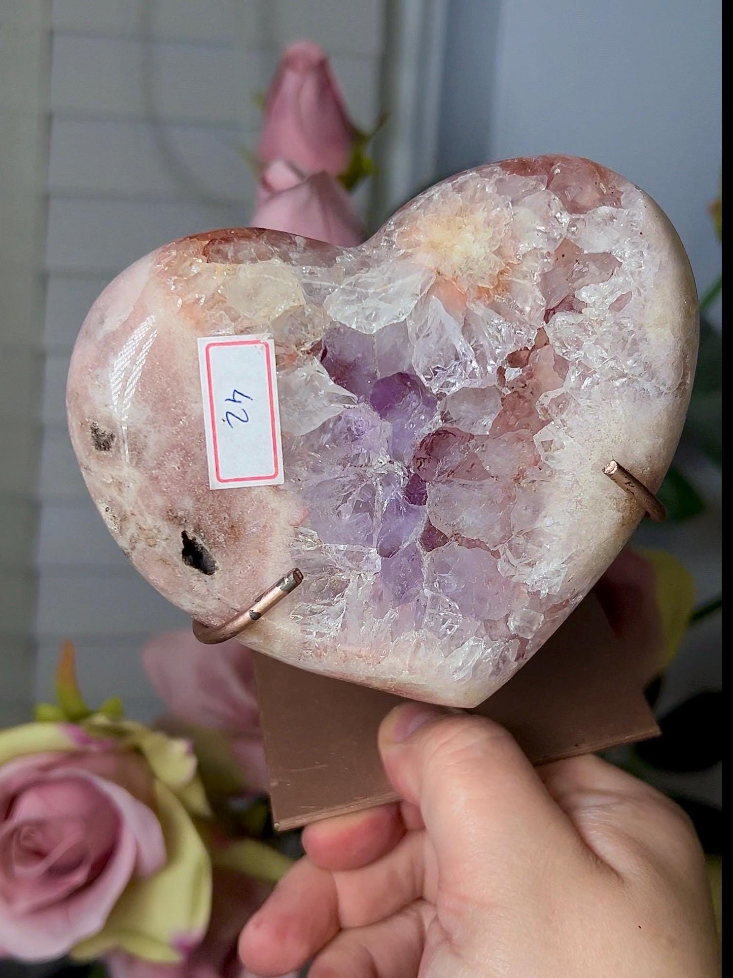 High grade, pink amethyst heart with a Beautiful flower, purple quartz & hematite lining 510g with stand
