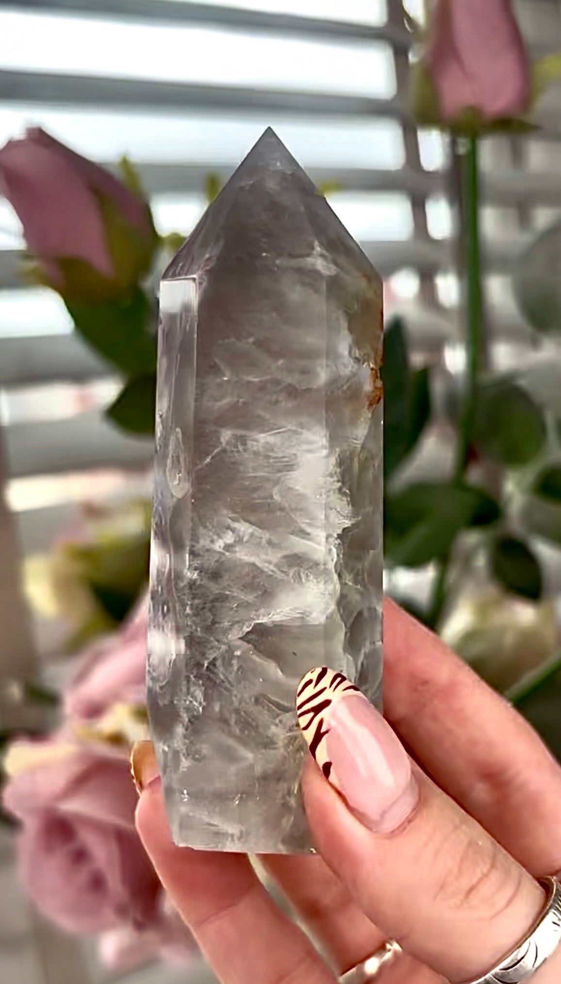 Stunning!! Super high quality, Druzy, green chlorite x blue flower agate tower