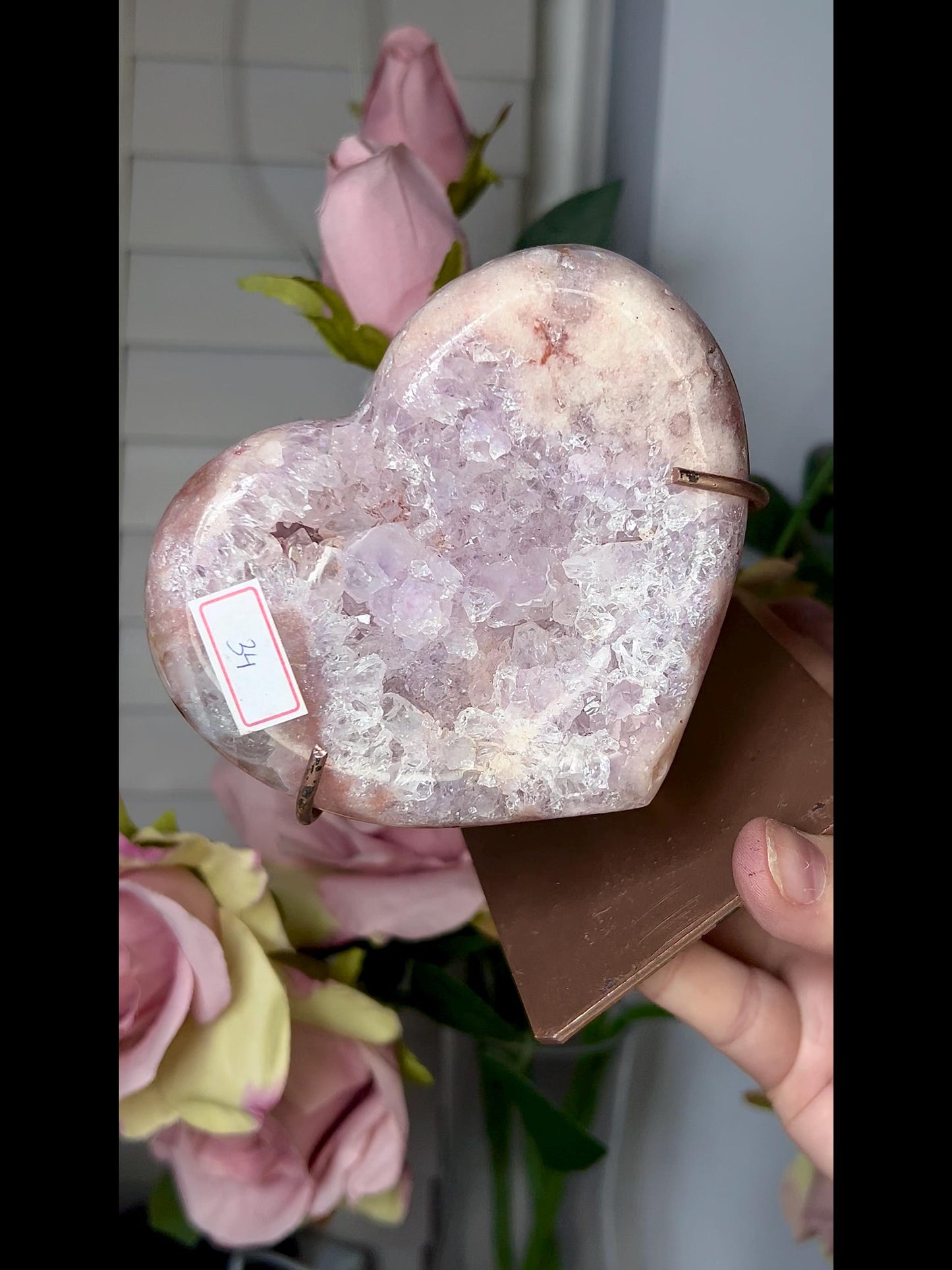 High grade, stunning, pink amethyst heart with lilac quartz on stand