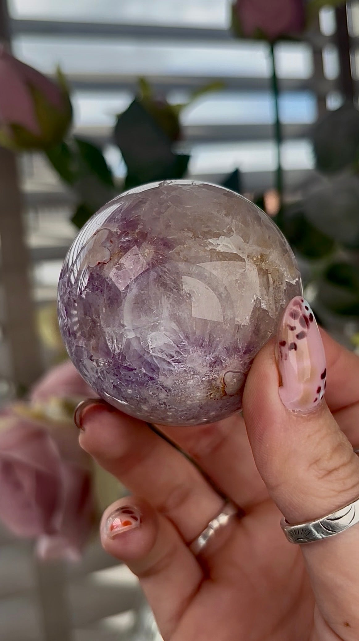 High grade, amethyst Flower agate sphere with druzy quartz- 5.5cm