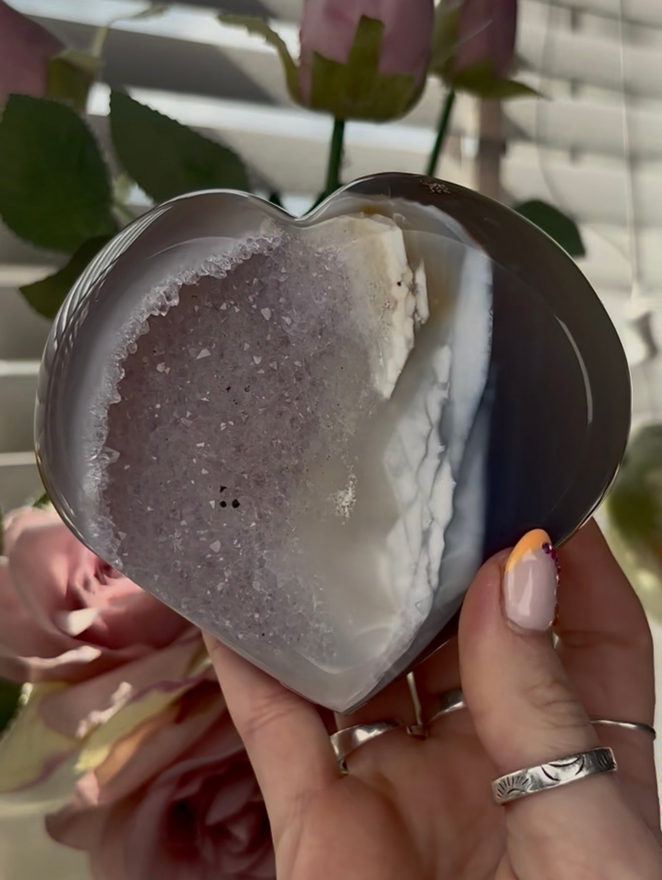 Beautiful, high quality, blue agate heart  with amethyst druzy - stand included