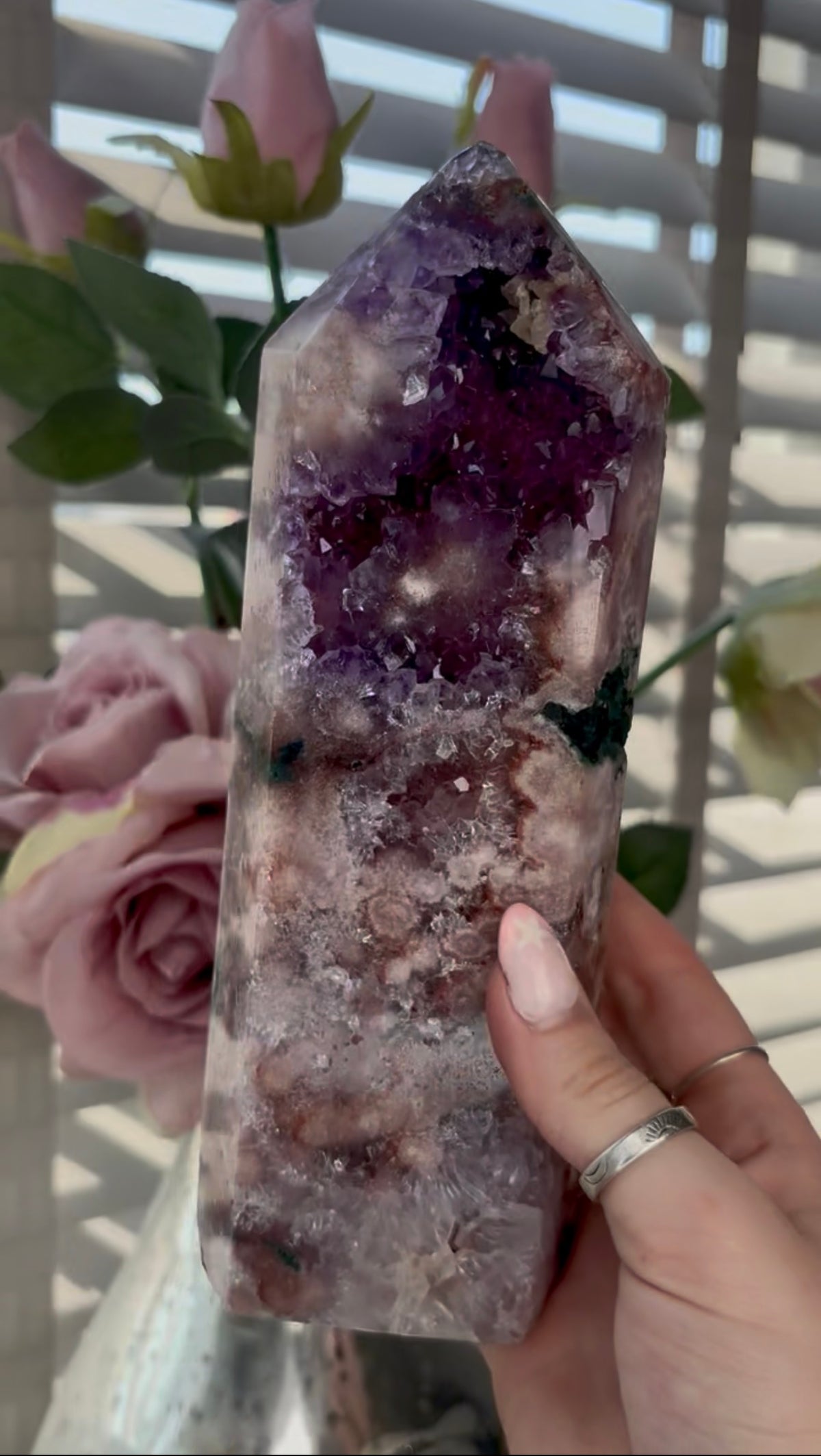 Beautiful, high quality, huge, Pink amethyst tower with purple quartz & Green jasper - 22cm
