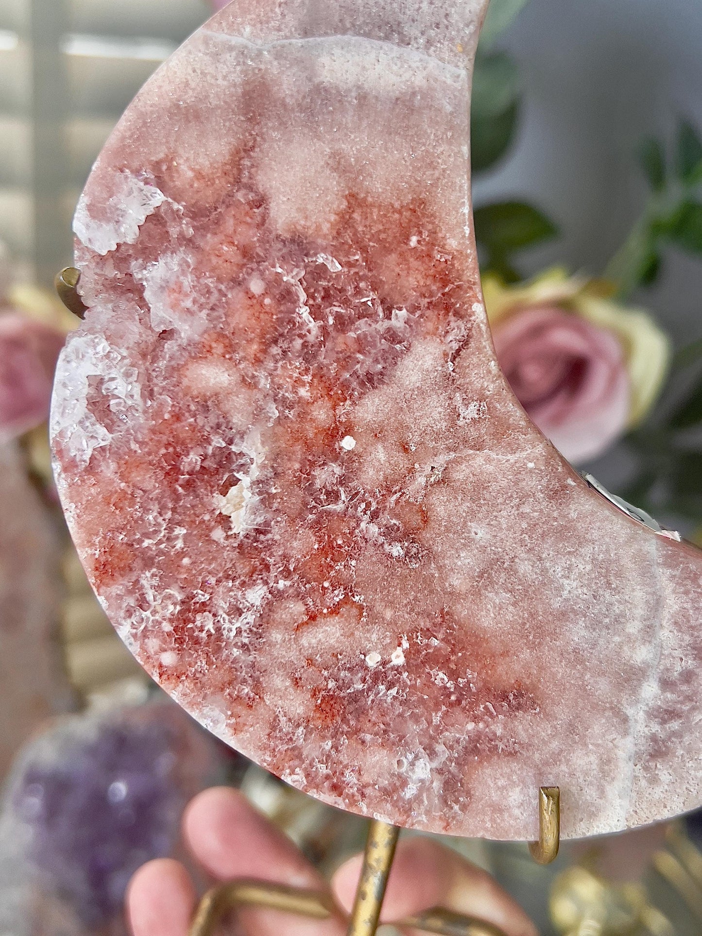 High grade, pink amethyst moon with red hematite, quartz druzy - stand is slightly scratched (see photos)