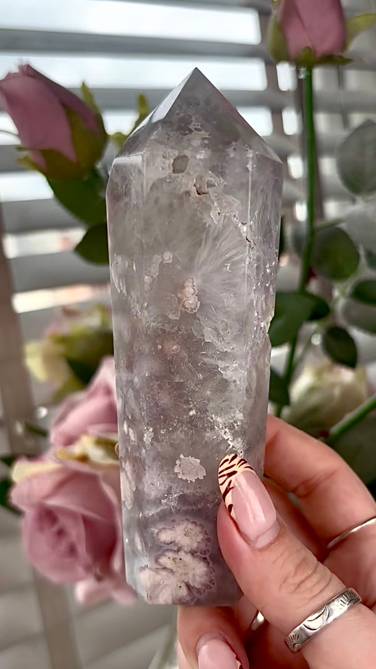 Stunning!! Super high quality, Druzy, green chlorite x blue flower agate tower