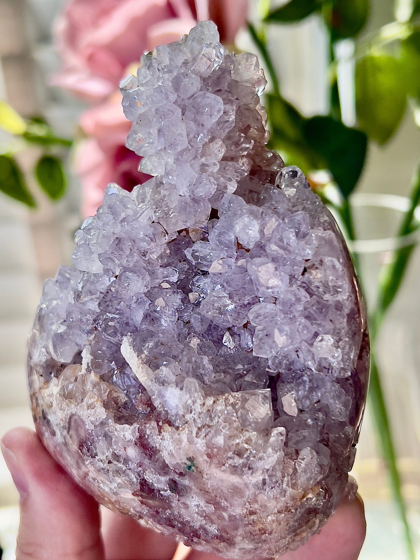 high quality, lilac, high clarity quartz druzy , pink amethyst Freeform with stalactite