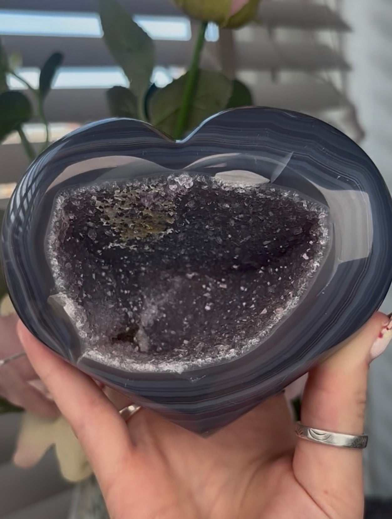Beautiful, high quality, blue agate heart with druzy - stand included