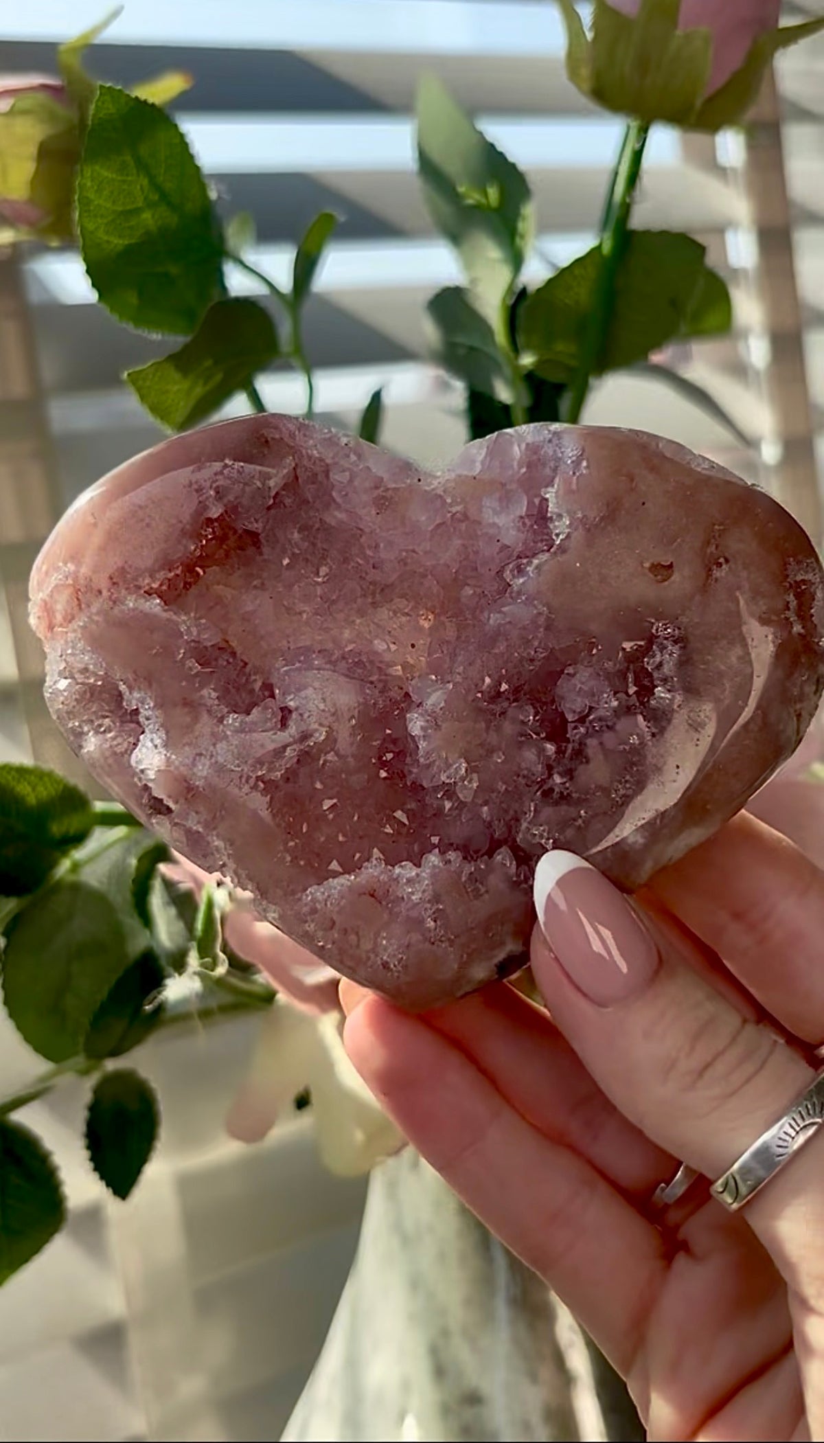 Gorgeous, hq, druzy pink amethyst heart- comes with stand
