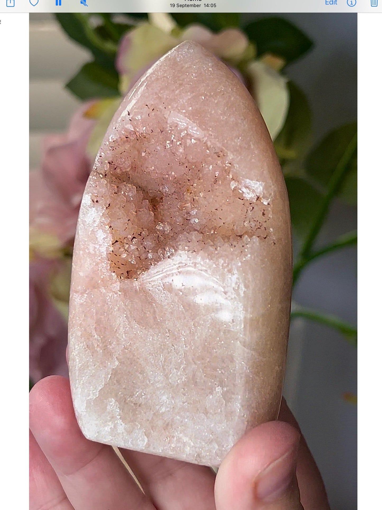 High grade, peach toned pink amethyst flame