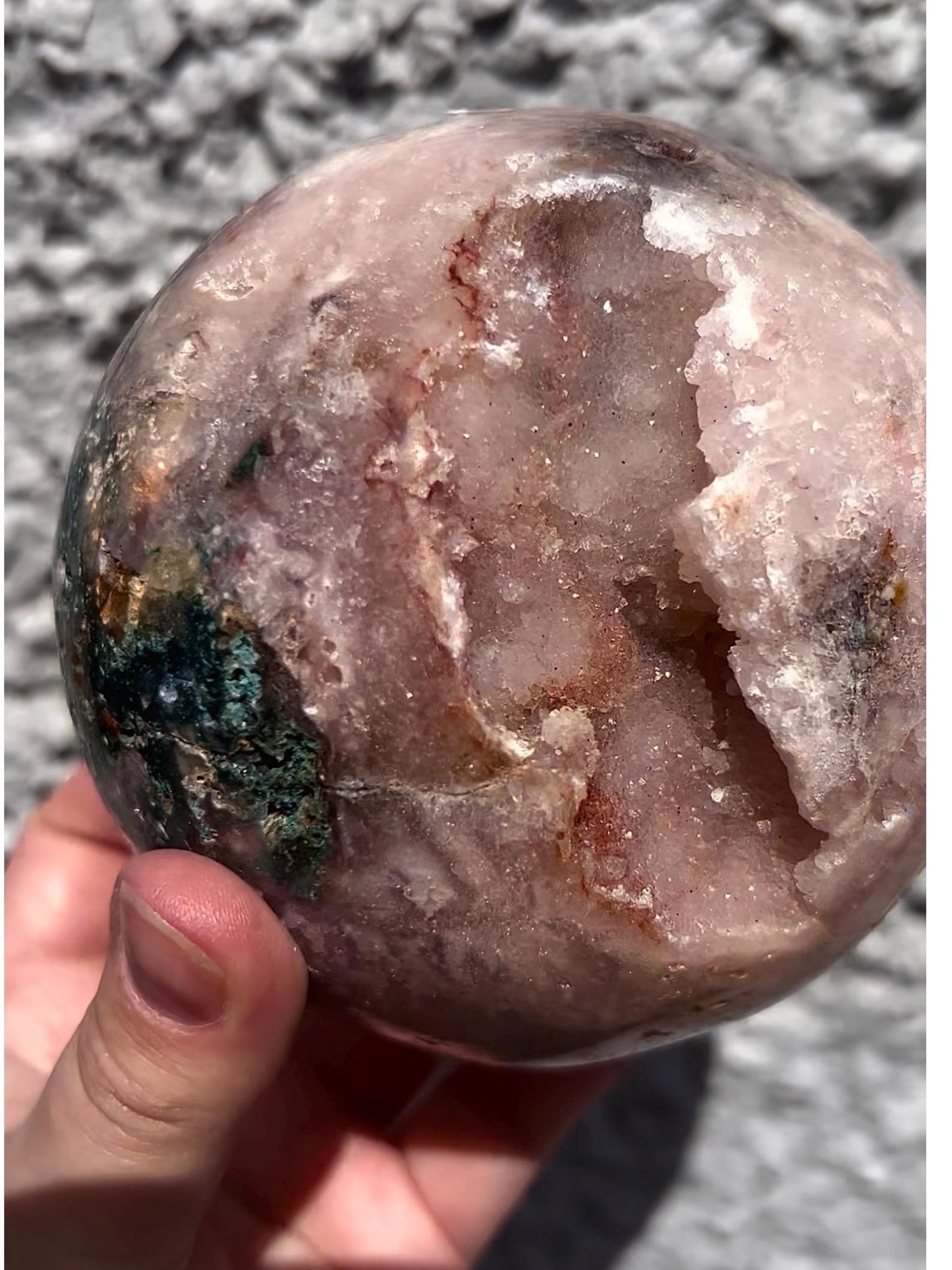 large, statement, pink amethyst sphere, with sugar druzy and jasper 1.626kg