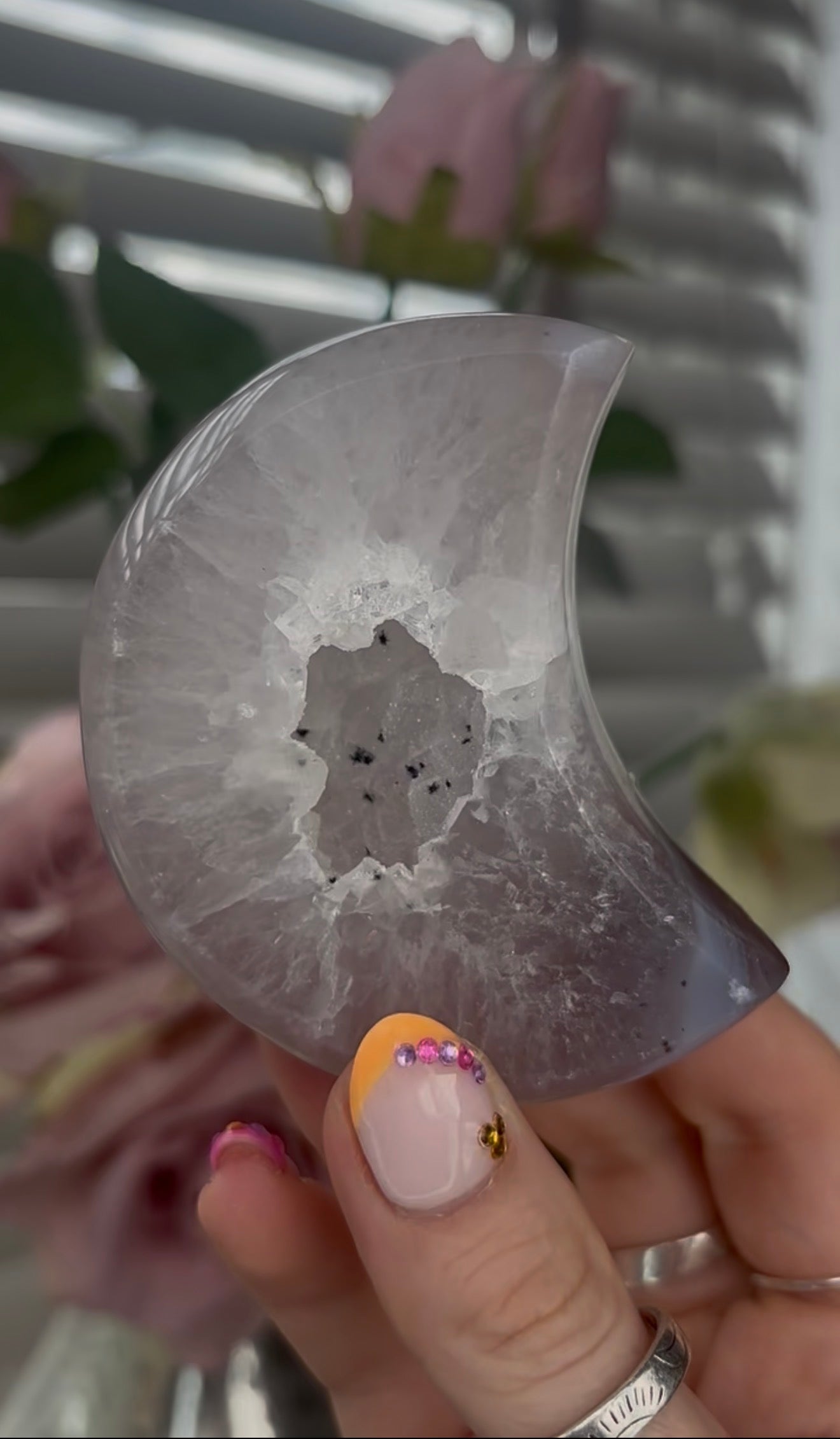 Beautiful, high quality, agate moon with druzy - stand included