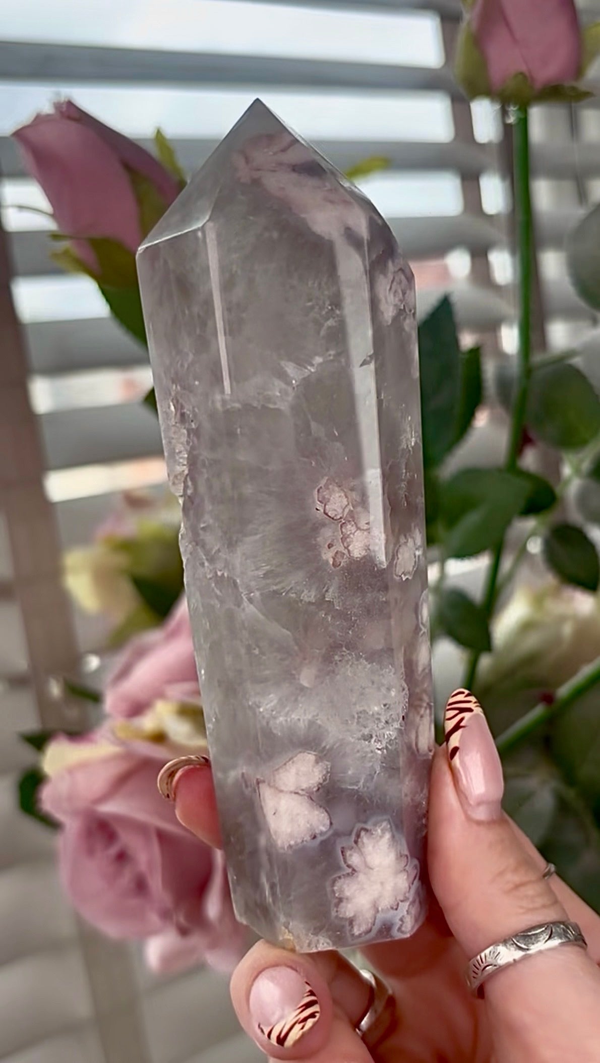 Stunning!! Super high quality, Druzy, green chlorite x blue flower agate tower