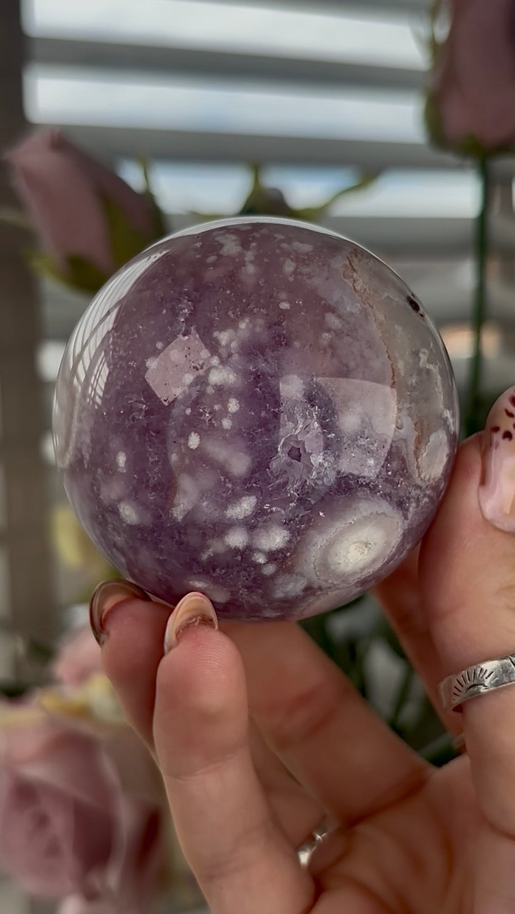 High grade, amethyst Flower agate sphere